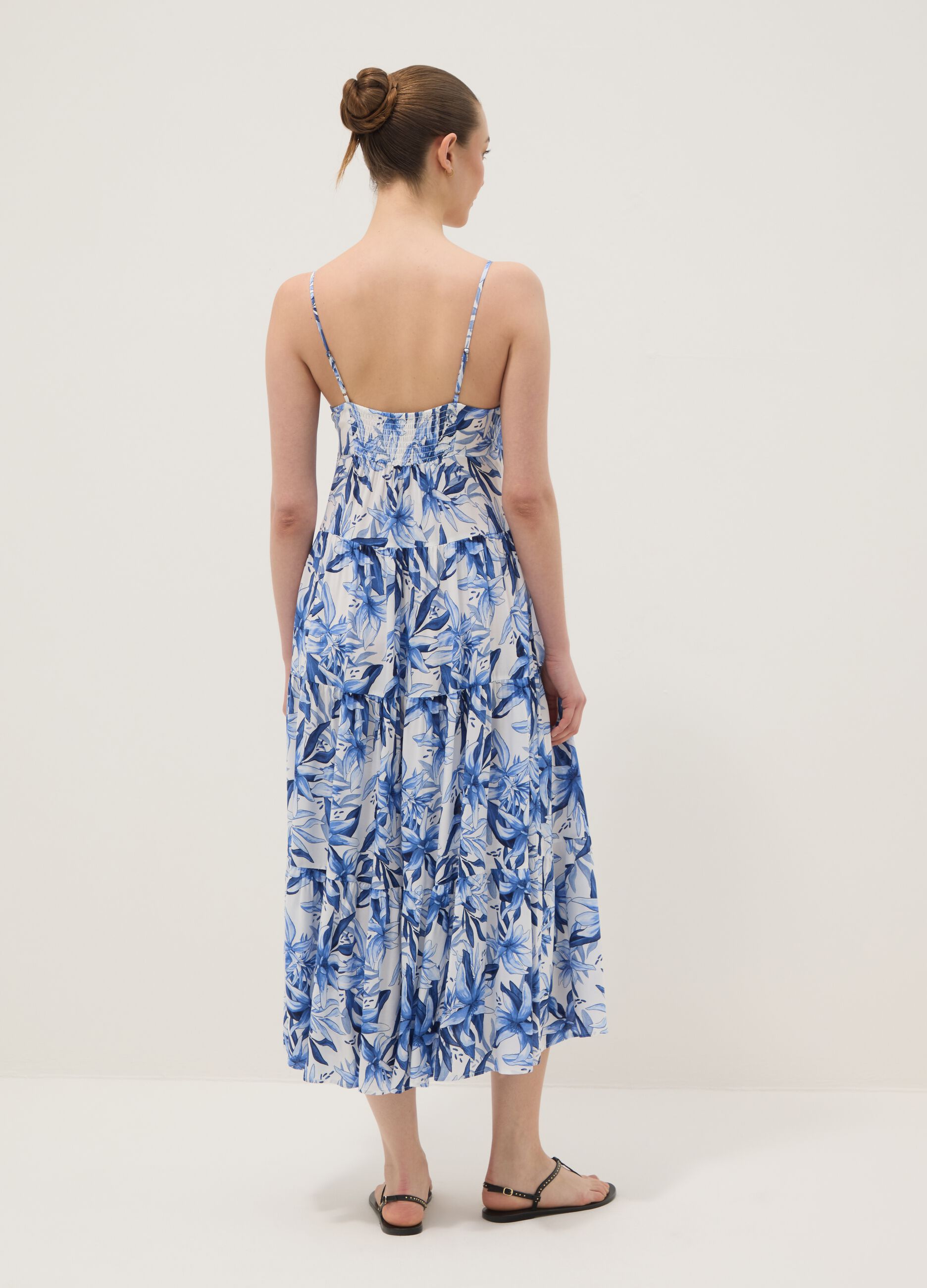 Blue and white pure viscose maxi dress with floral print