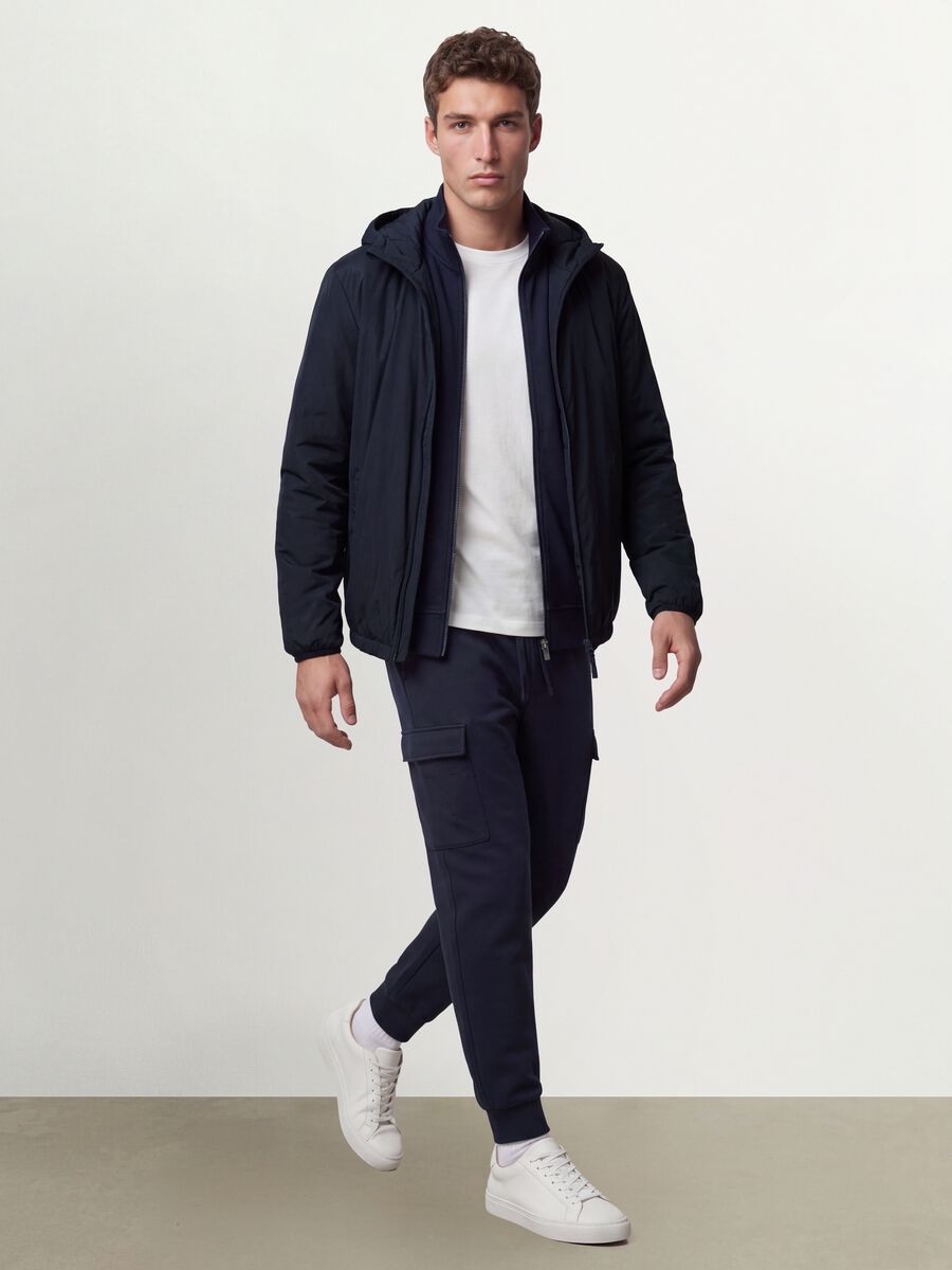 Giubbotto blu navy con cappuccio e zip_1