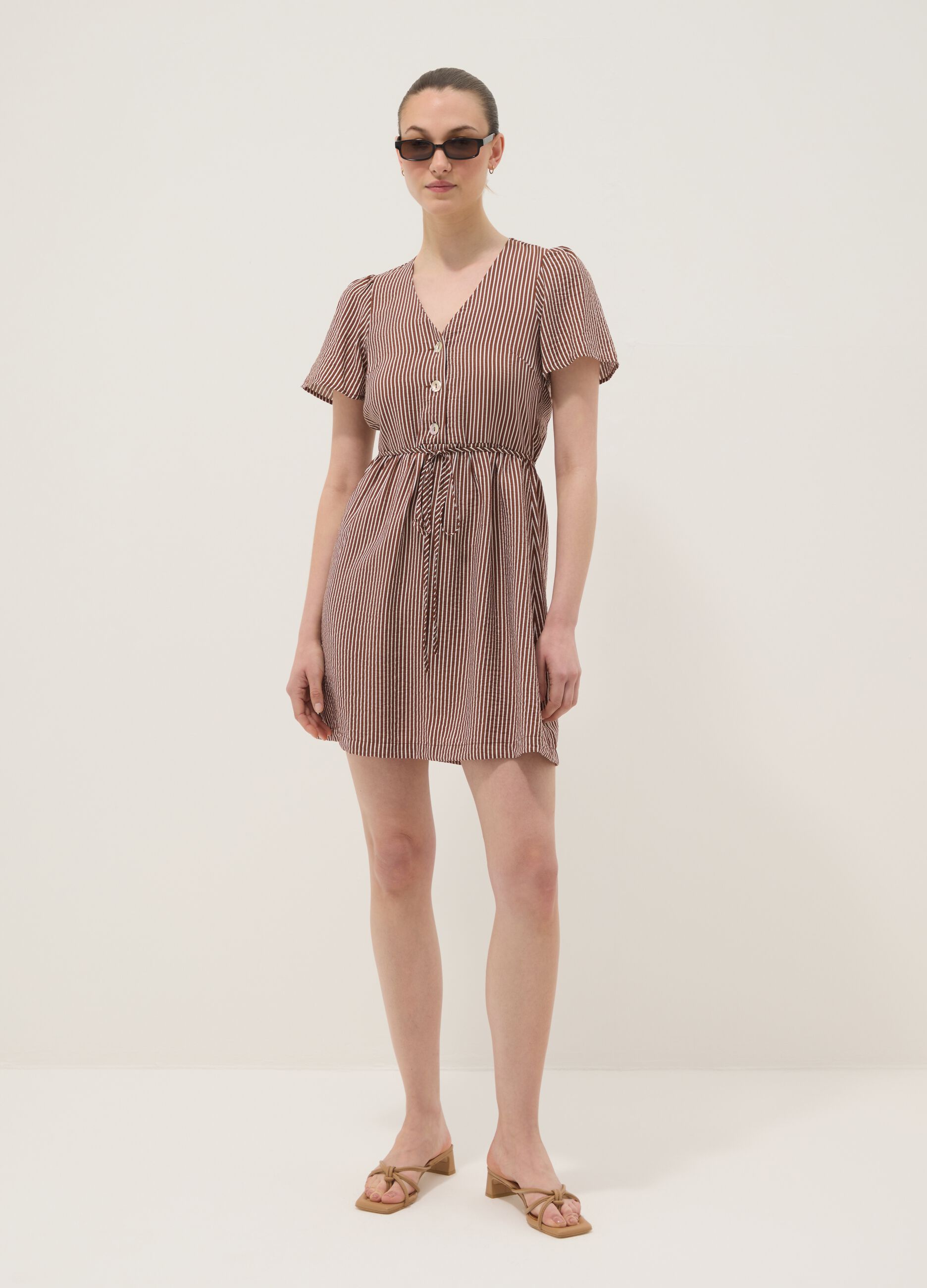 Brown striped viscose-blend shirt dress