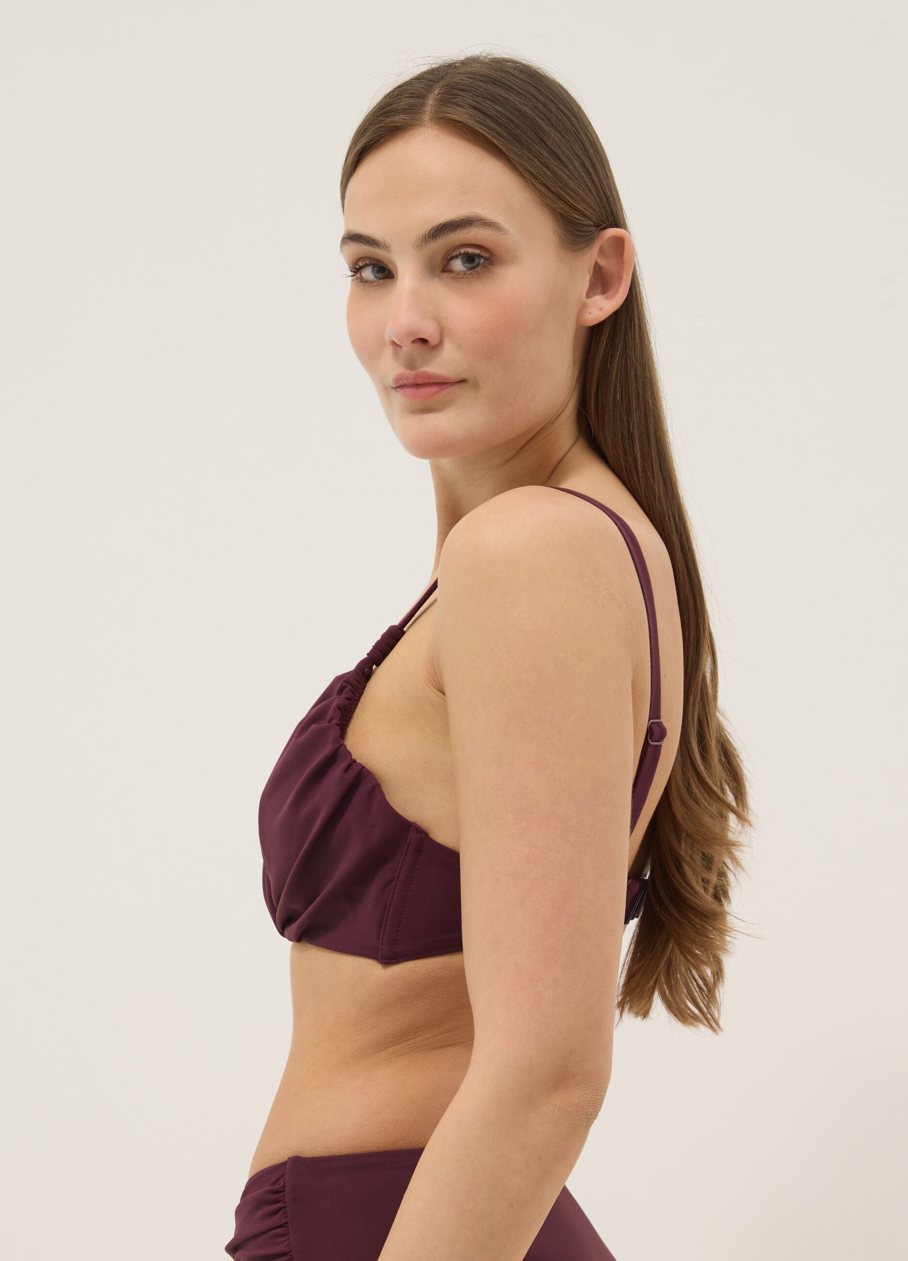 Purple shaping bikini top in stretchy fabric