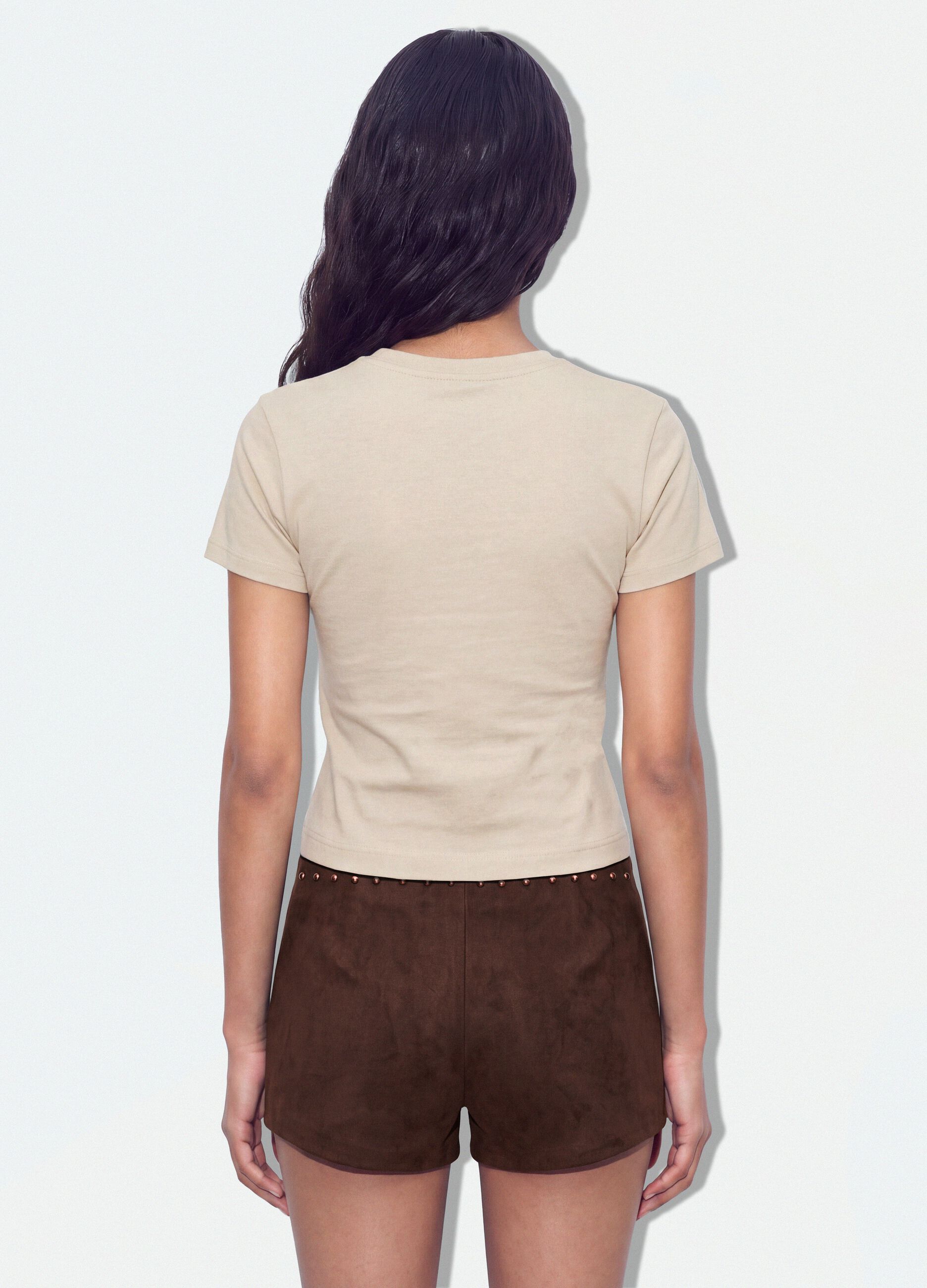 Beige cropped pure cotton crew-neck T-shirt with print