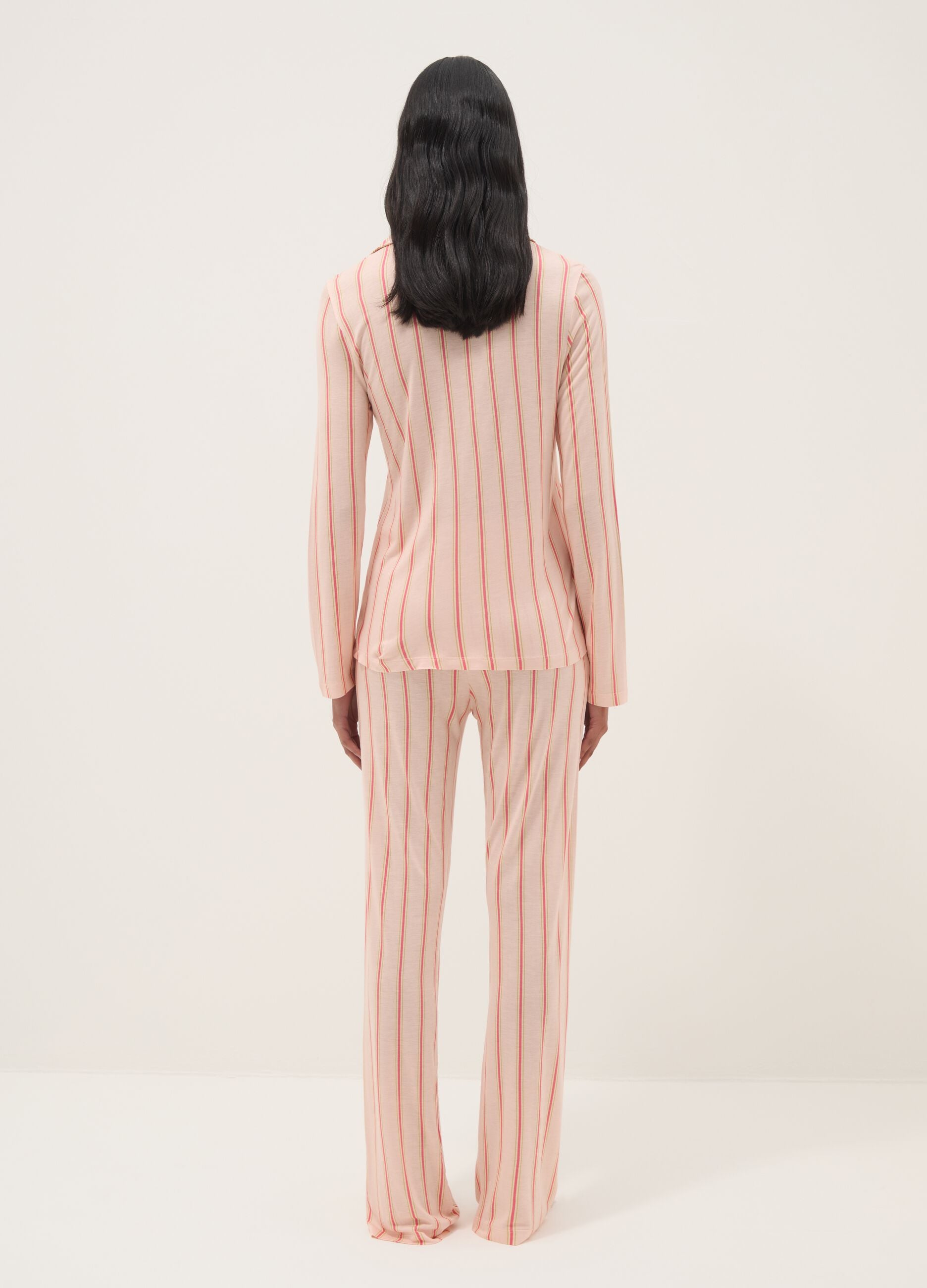 Striped pink pure viscose pyjamas, regular fit with V-neck