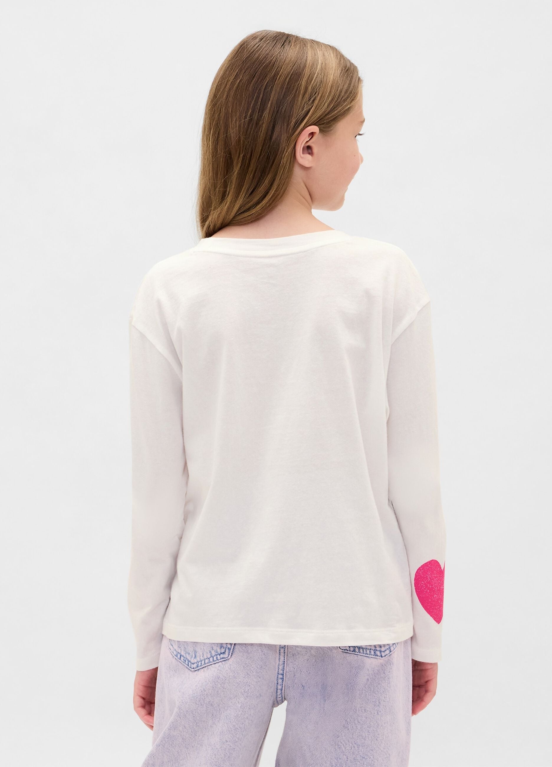 White Long Sleeve T-shirt with Pink Hearts