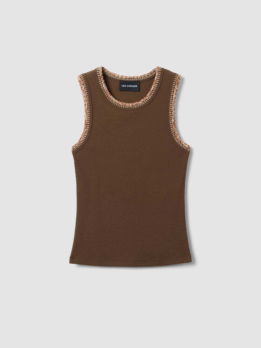 Brown Stretch Cotton Tank Top with Regular Fit and Embroidered Edges_4