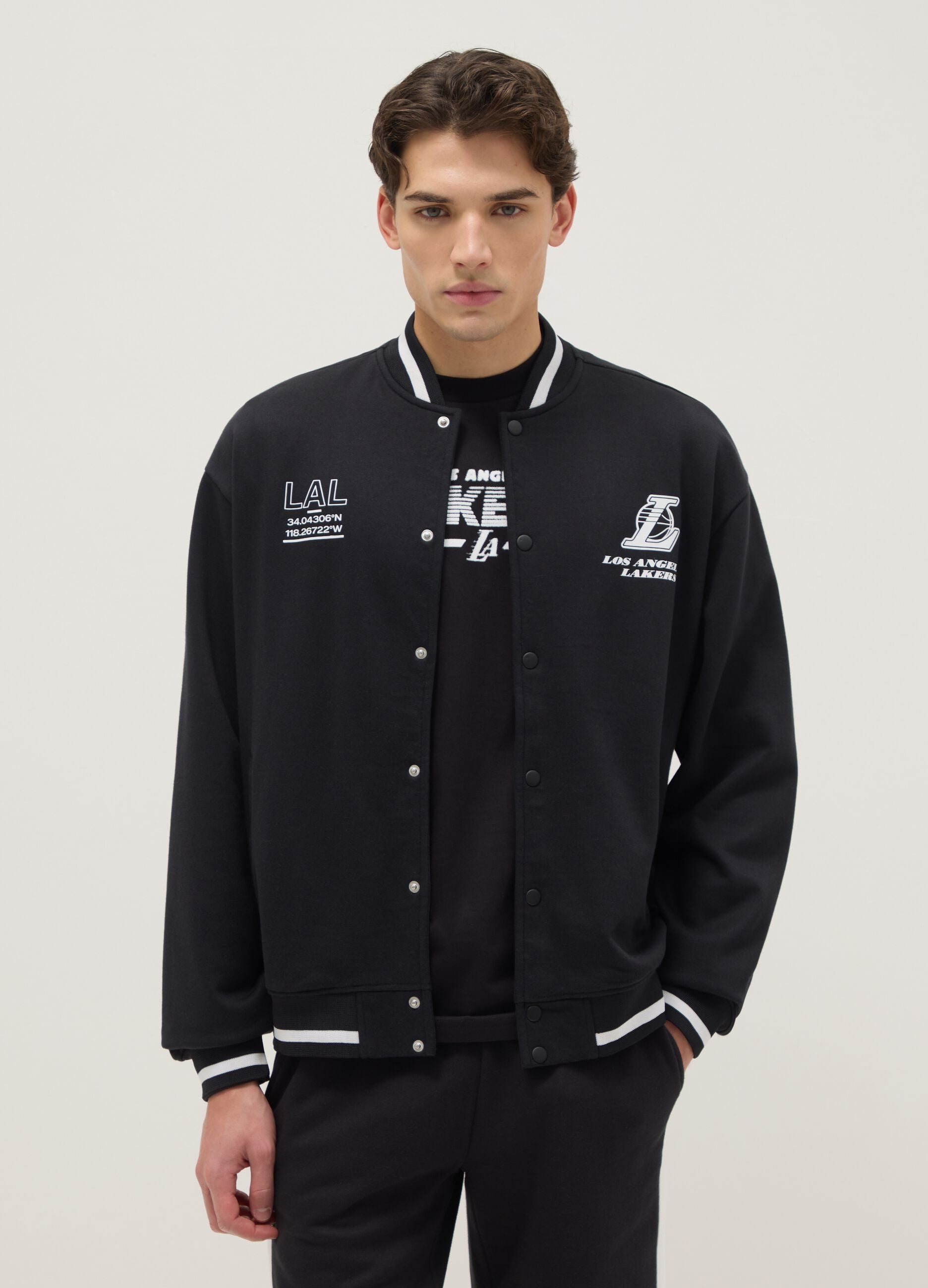 Black regular fit cotton blend jacket with Lakers logo