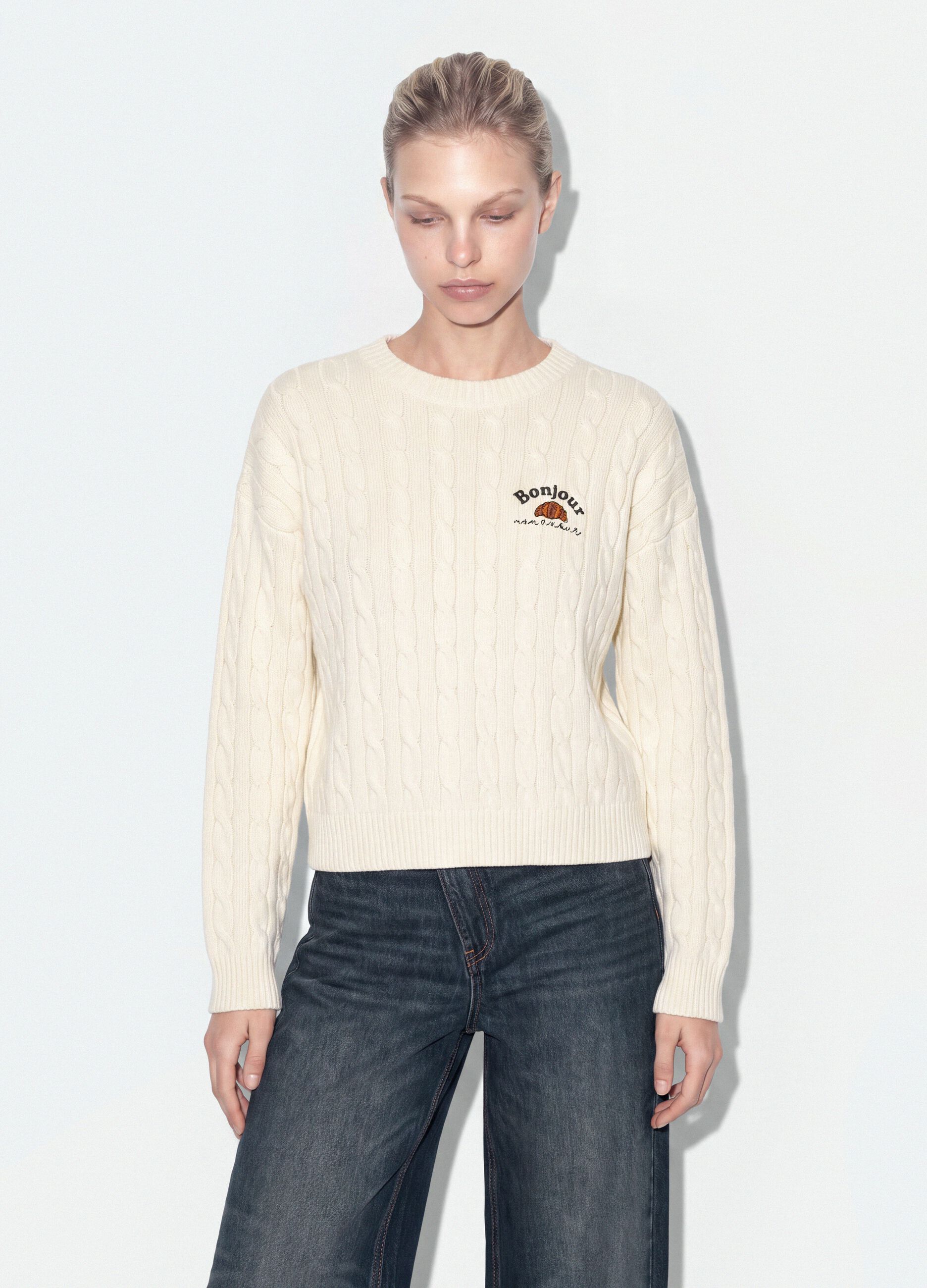 White pure cotton cable-knit jumper with croissant embroidery