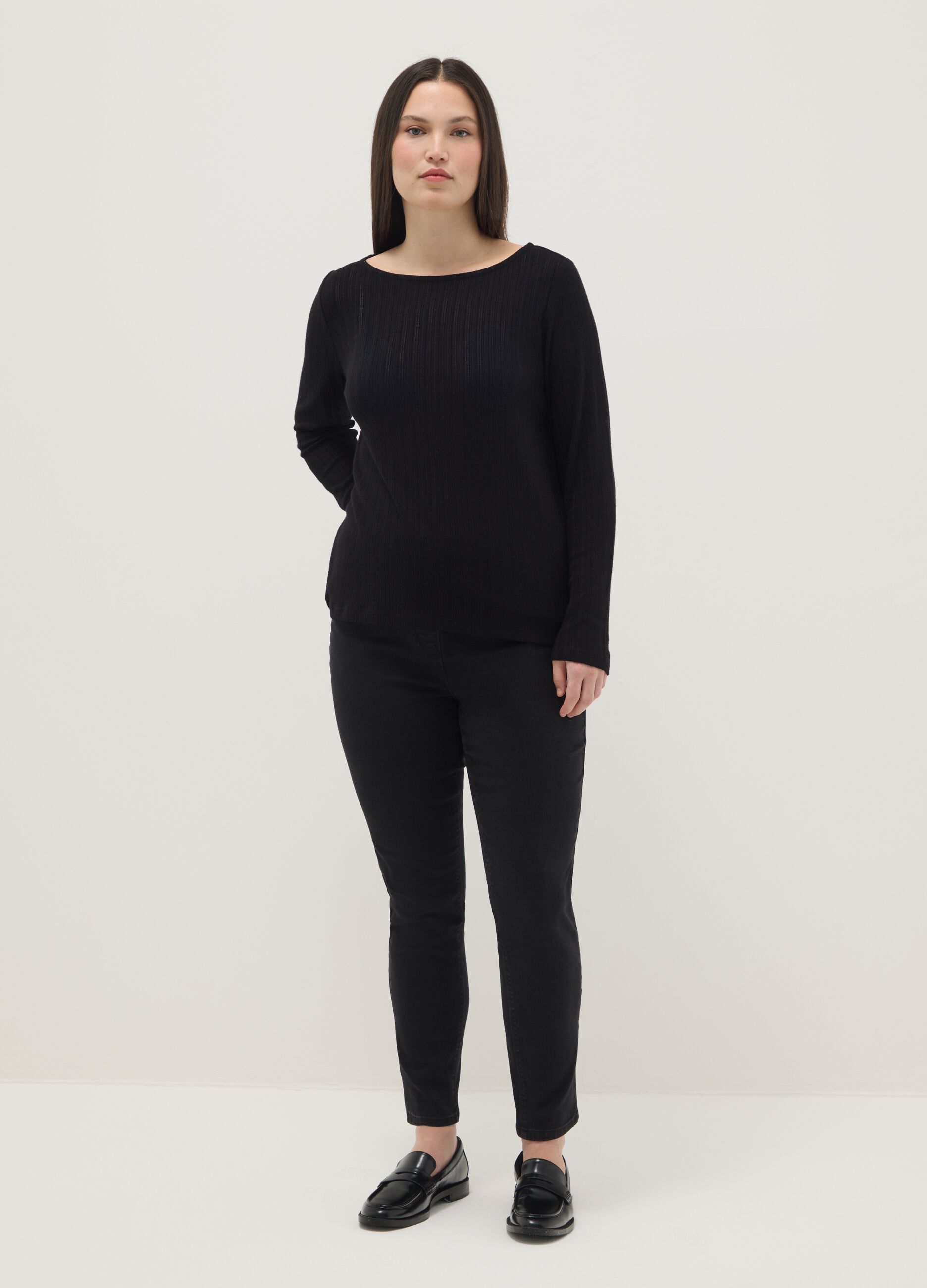 Black regular fit long sleeve t-shirt with boat neckline