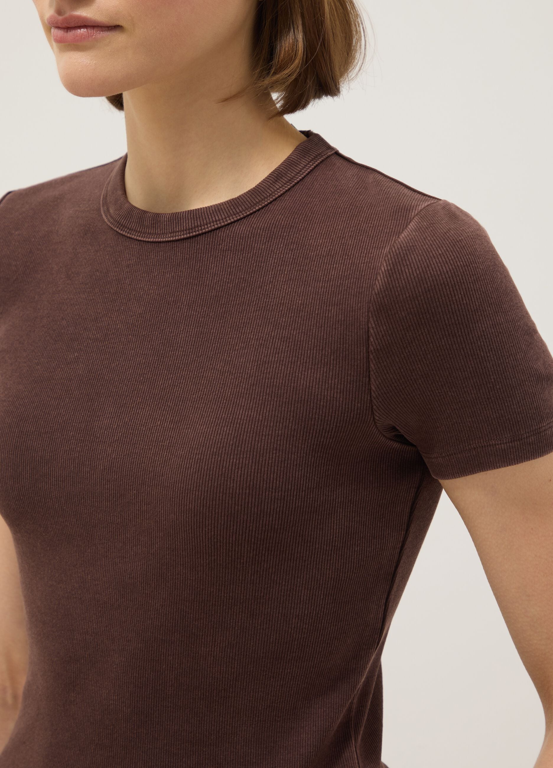 Brown stretch cotton fitted t-shirt