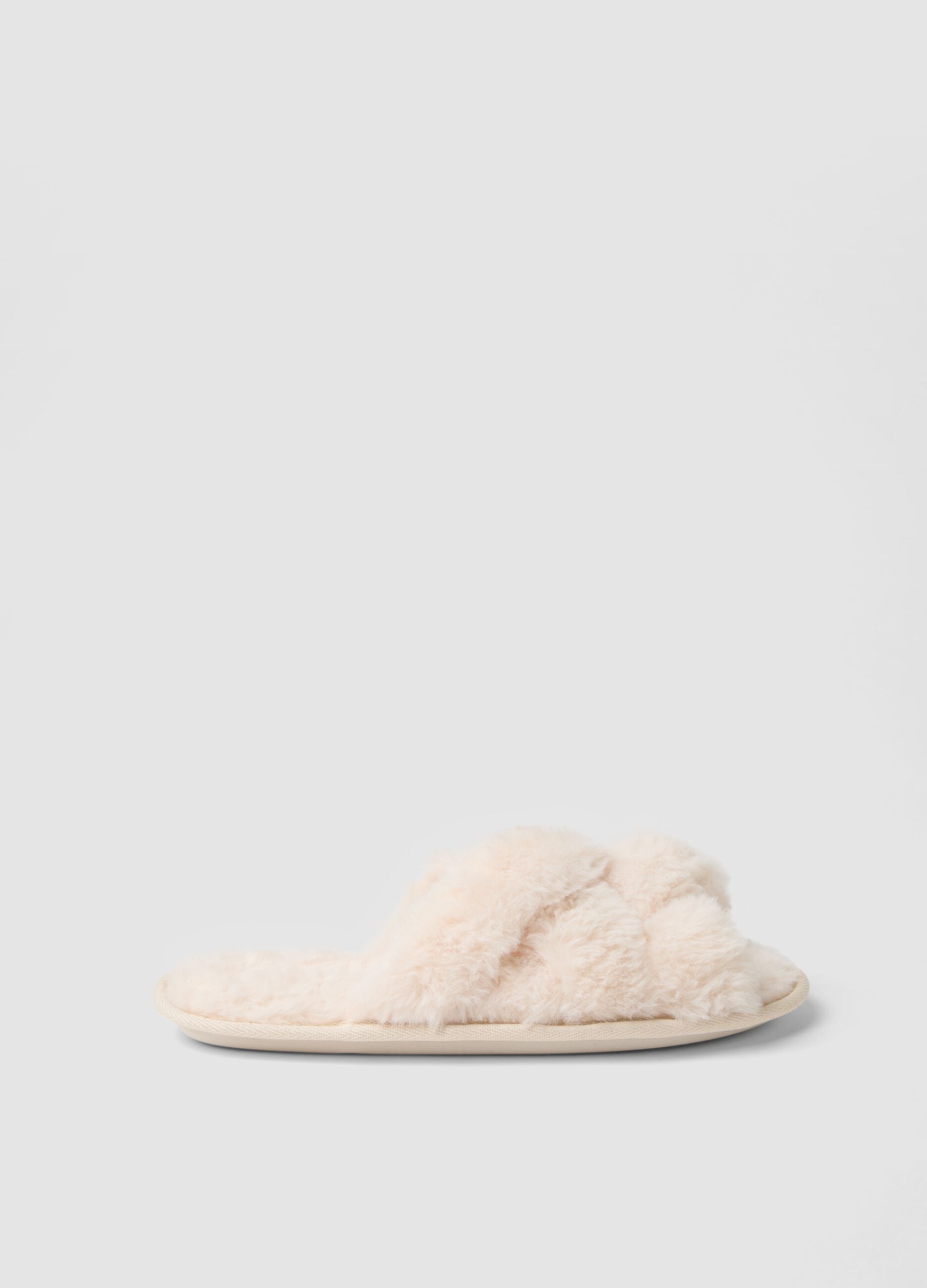 White cross-strap faux-fur slippers