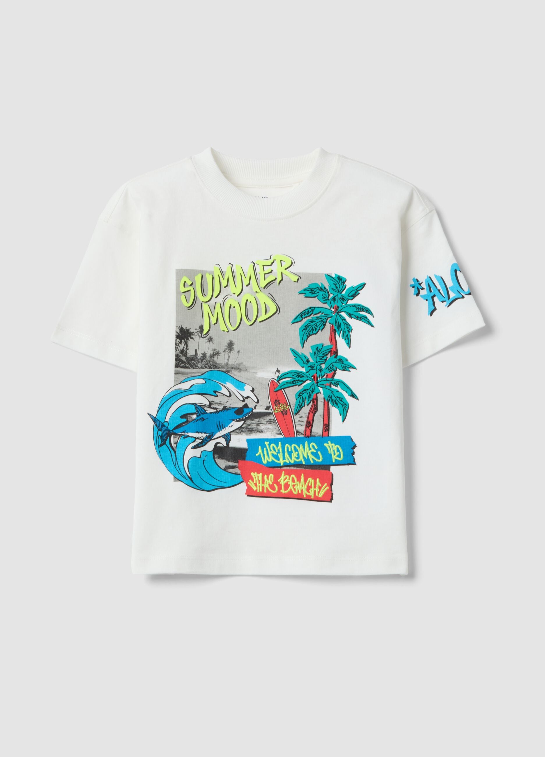 White pure cotton T-shirt with tropical print