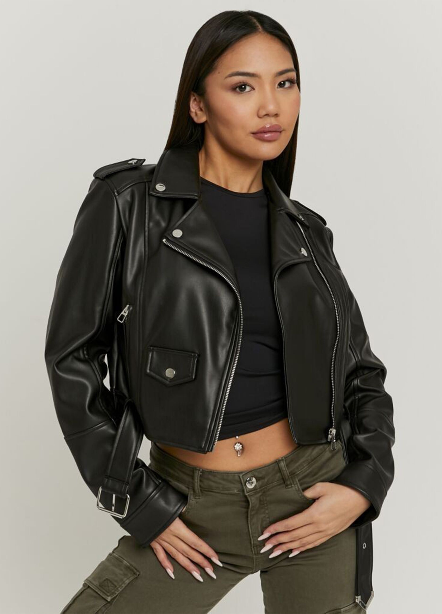 Black biker jacket, regular fit