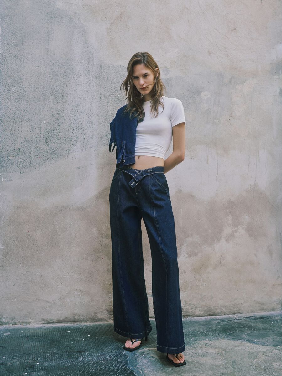 Blue Denim Wide Leg Trousers in Cotton Blend_1