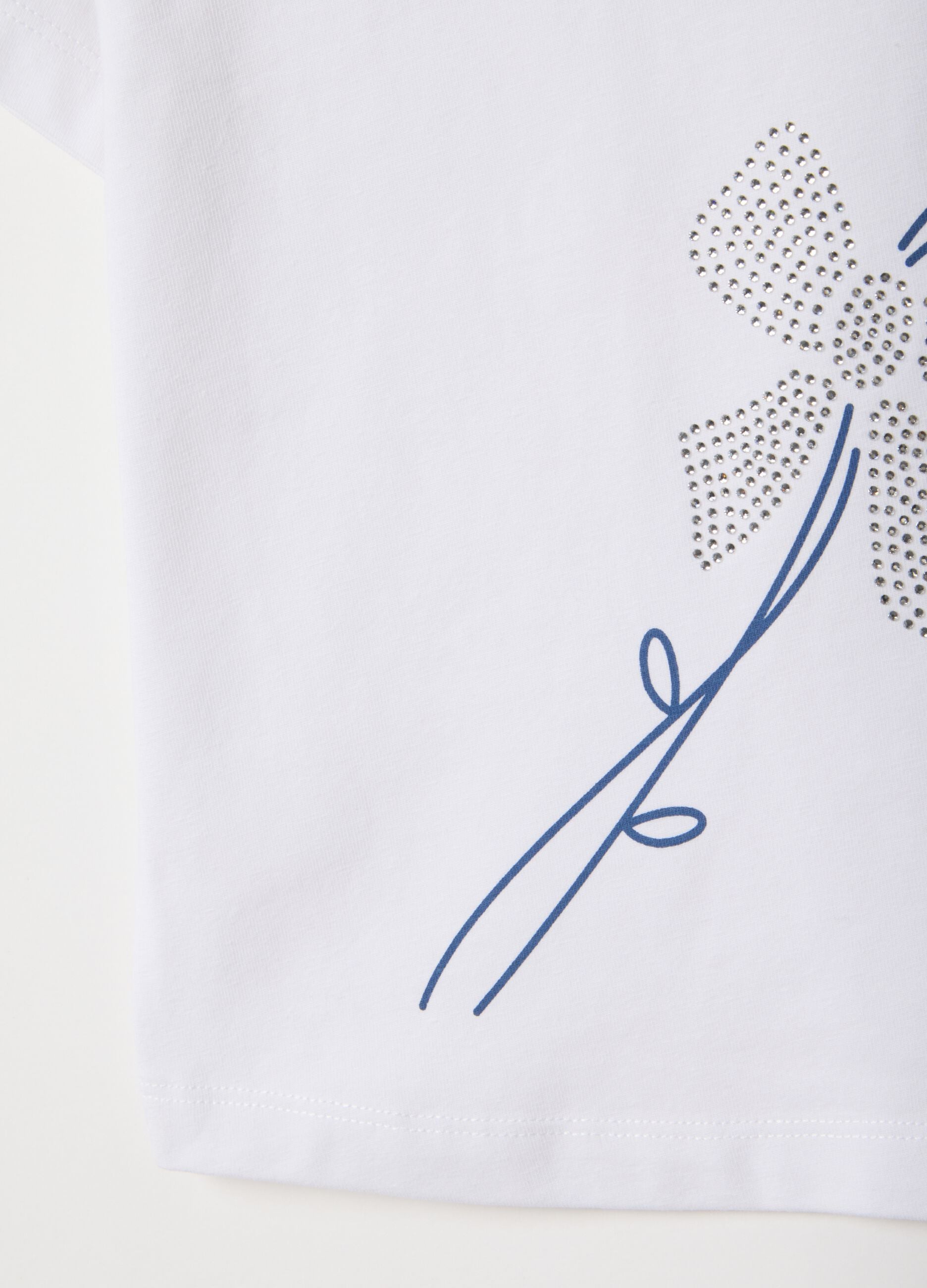 Girls' white stretch cotton T-shirt with regular fit and rhinestones