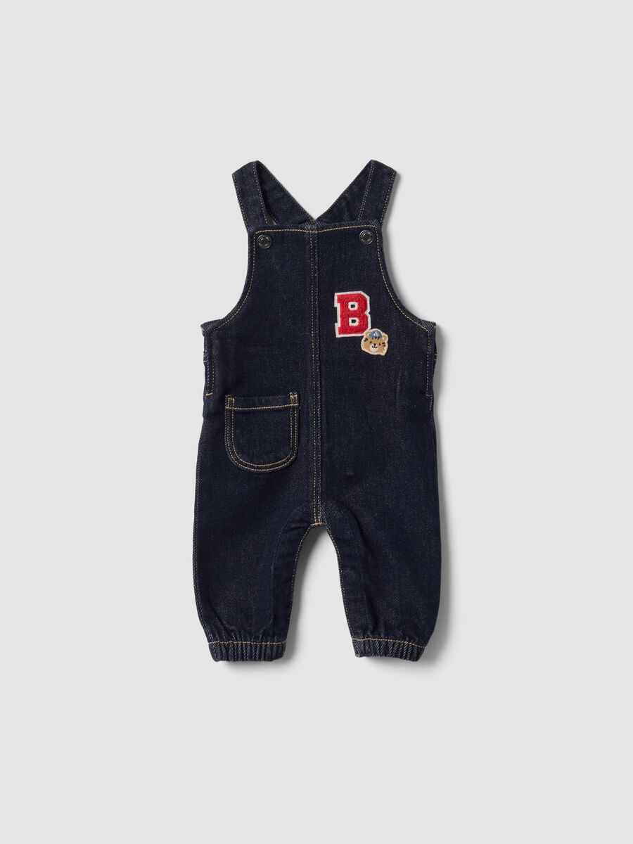 Blue stretch cotton dungarees with teddy bear embroidery for baby_0