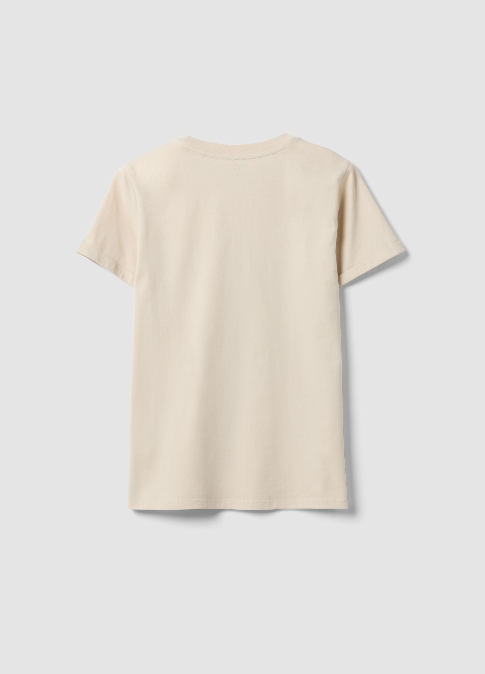 Beige pure cotton crew-neck T-shirt with floral print, regular fit