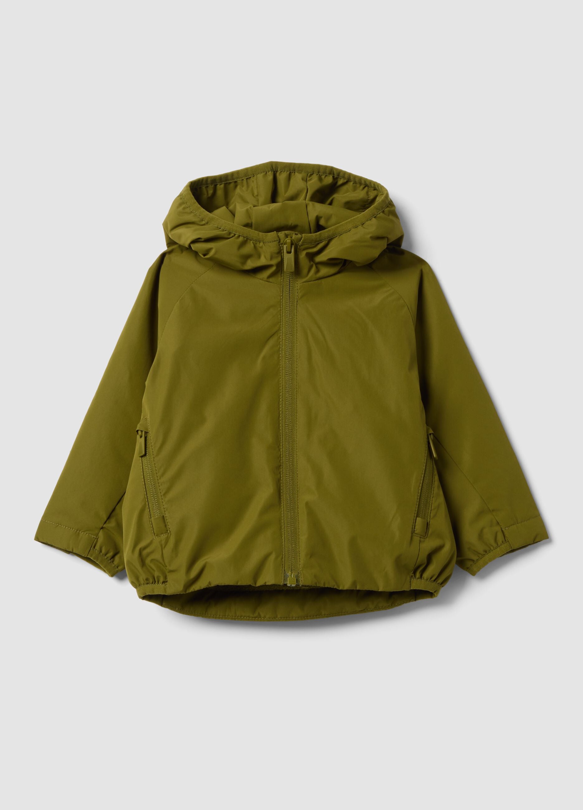 Green water-repellent hooded jacket with zip, regular fit for boys