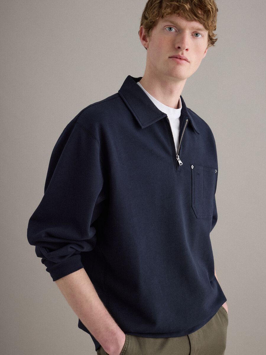 Felpa in puro cotone blu regular fit con mezza zip e colletto_4