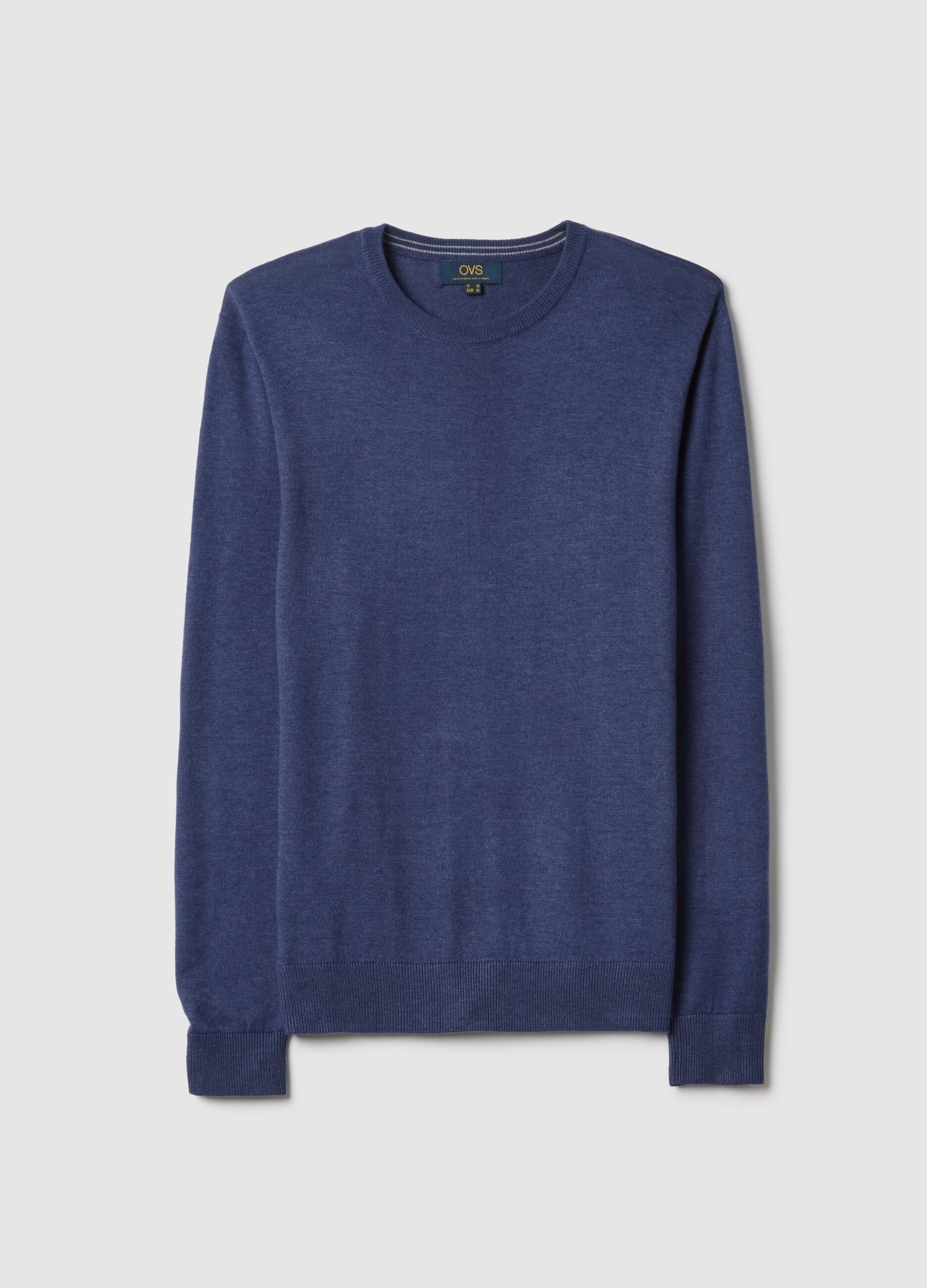 Blue cotton-blend crew neck sweater, regular fit