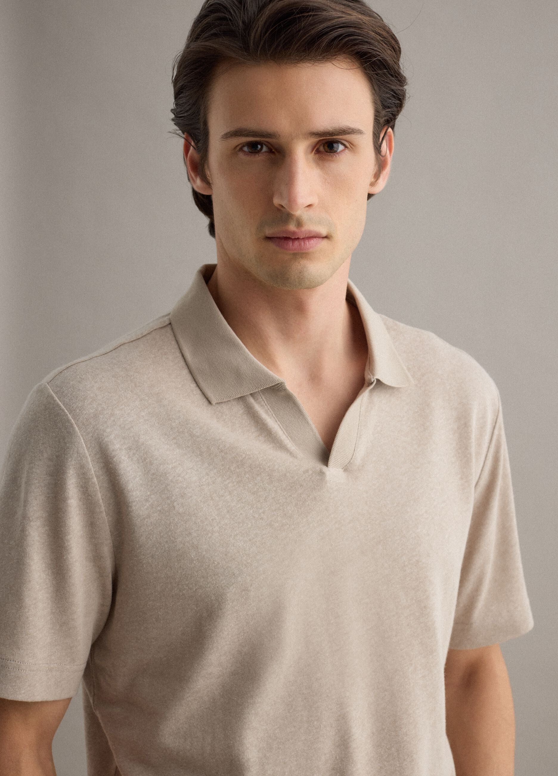 Beige linen and cotton blend polo regular fit