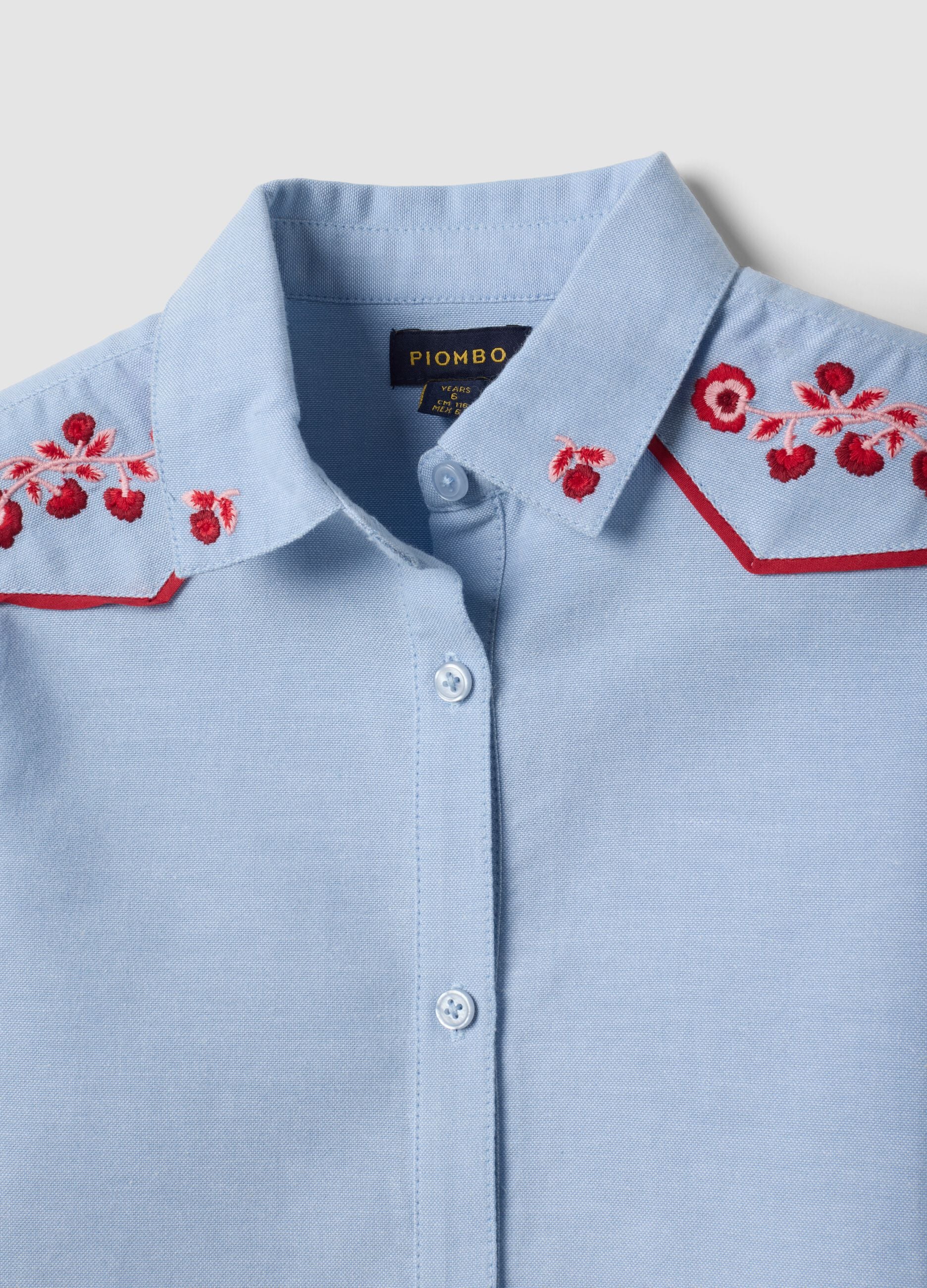 Light blue pure cotton shirt with floral embroidery