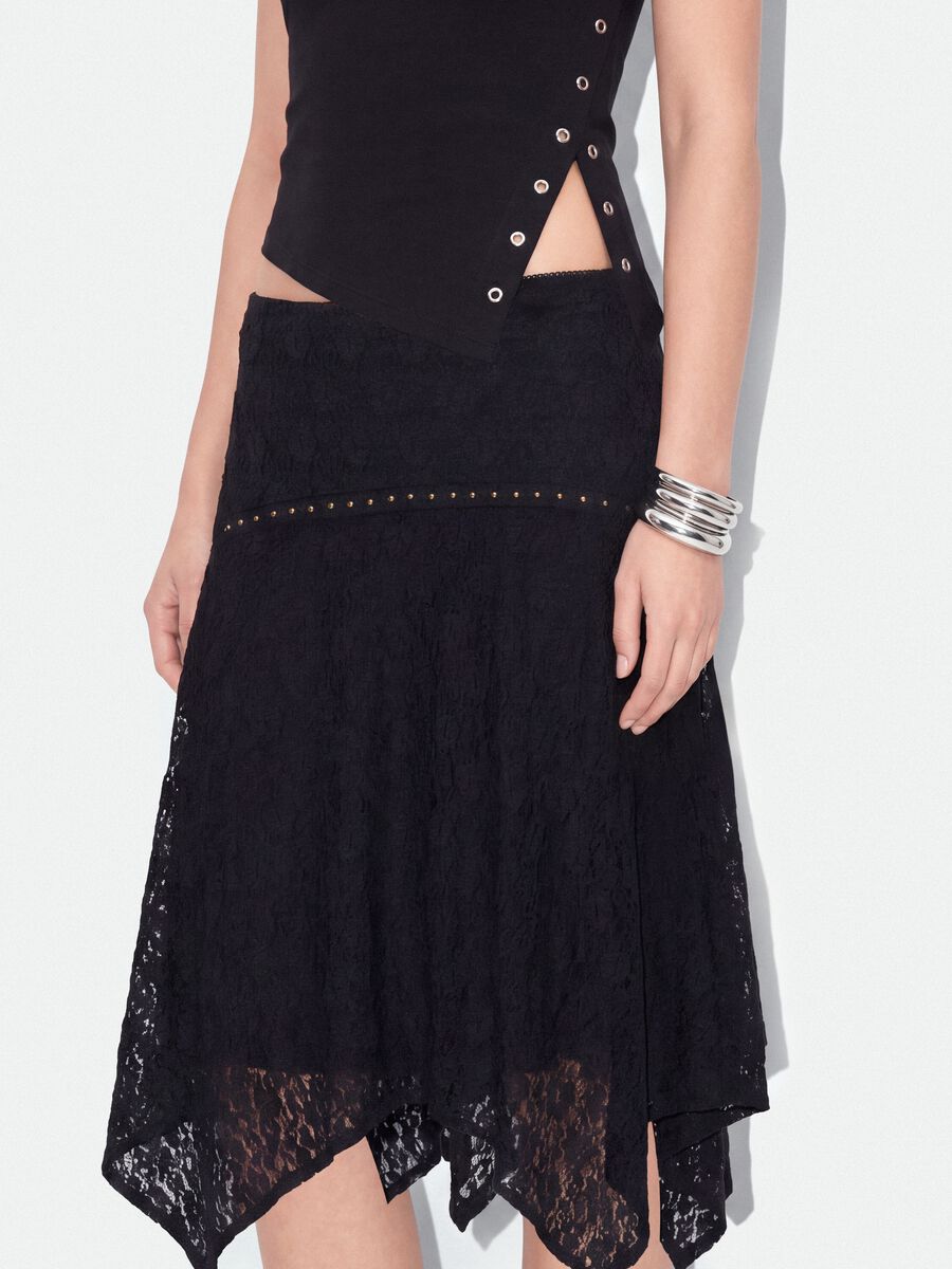 Black stretch-fabric skirt with asymmetric lace hem_3