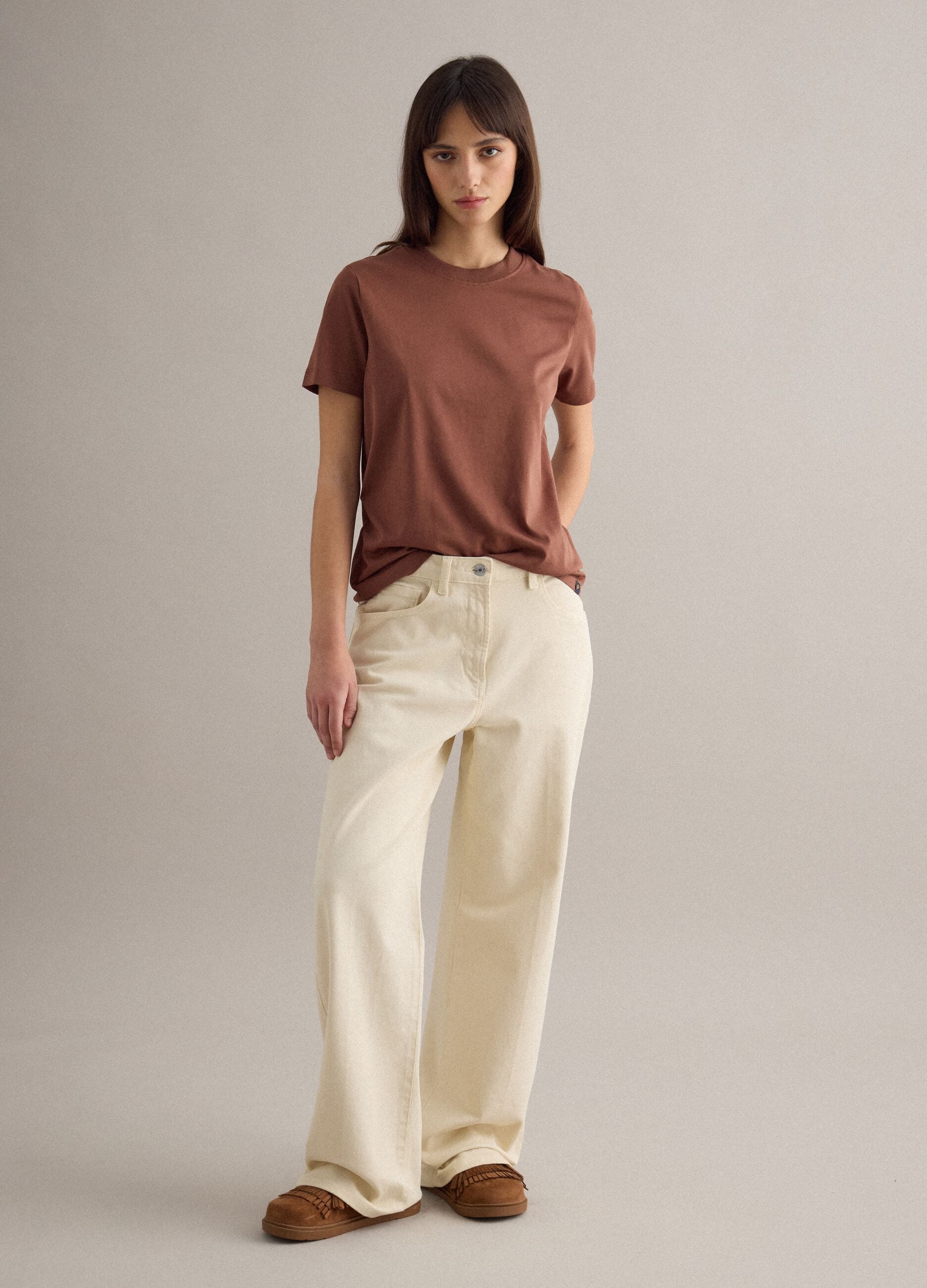 Brown crew neck pure cotton regular fit T-shirt