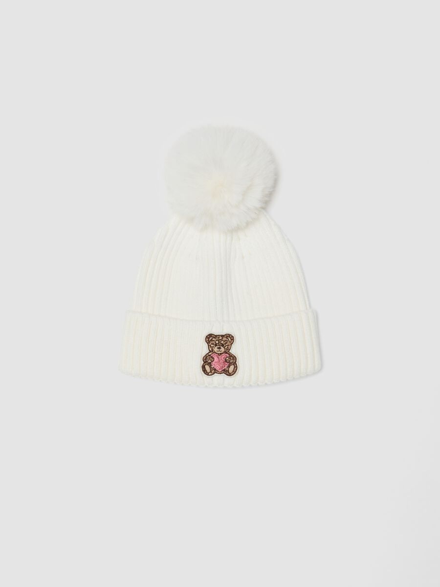 White ribbed viscose-blend beanie with pompom_0