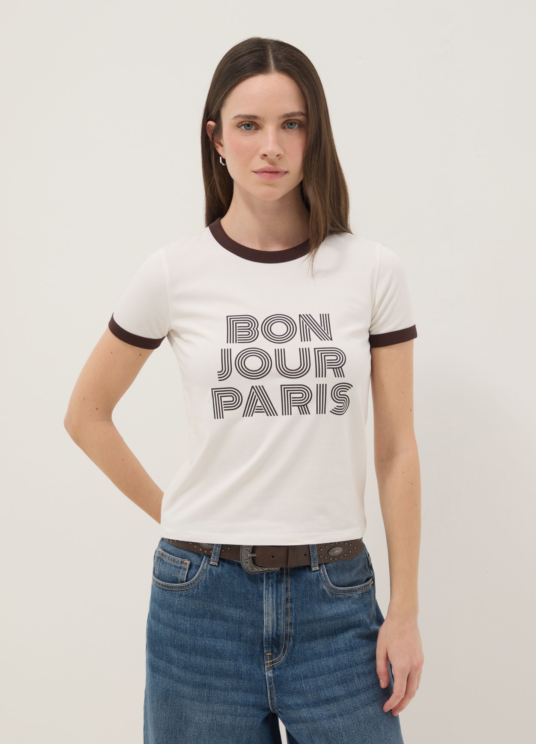 White stretch cotton regular fit T-shirt with print