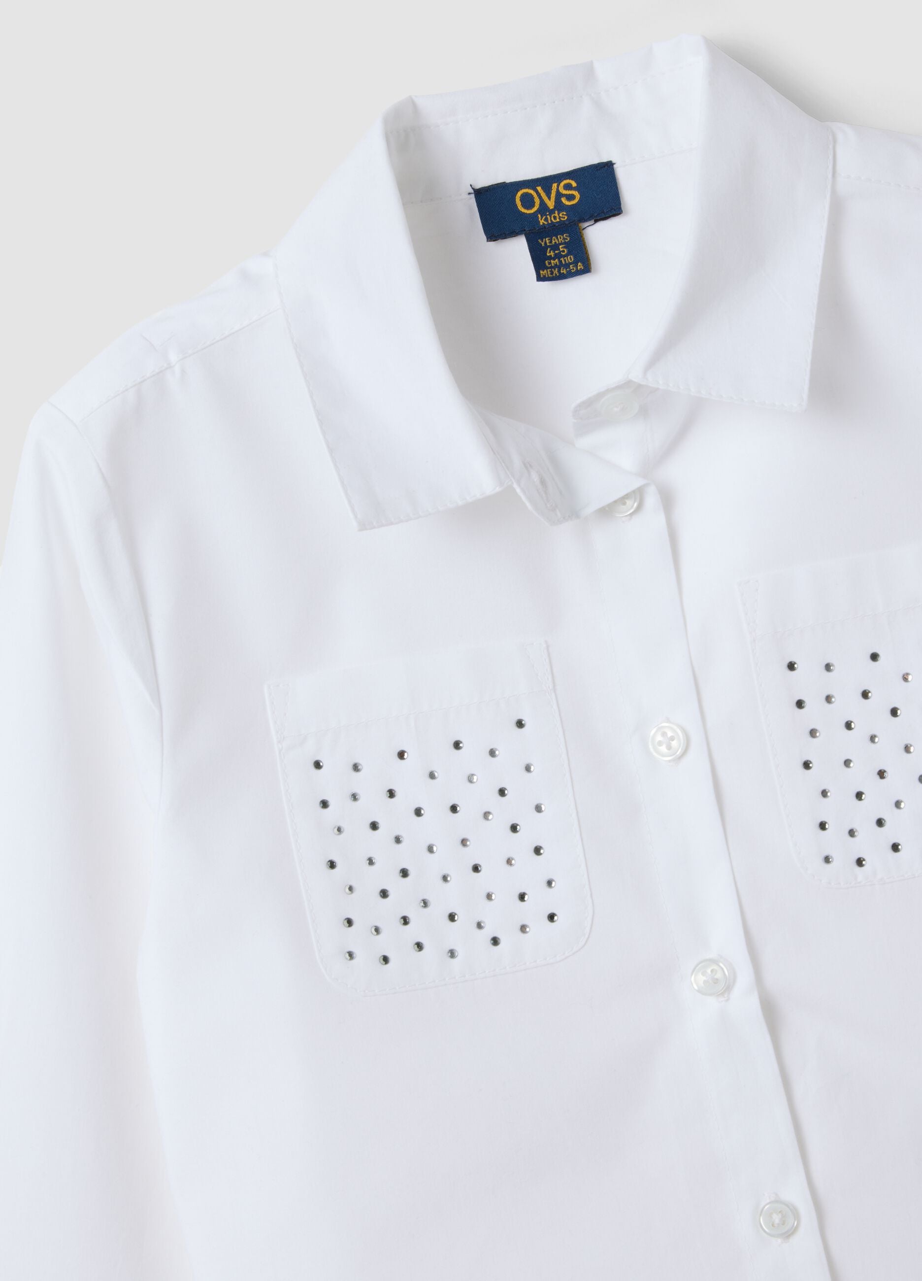 White pure cotton shirt with rhinestones, regular fit, for girls