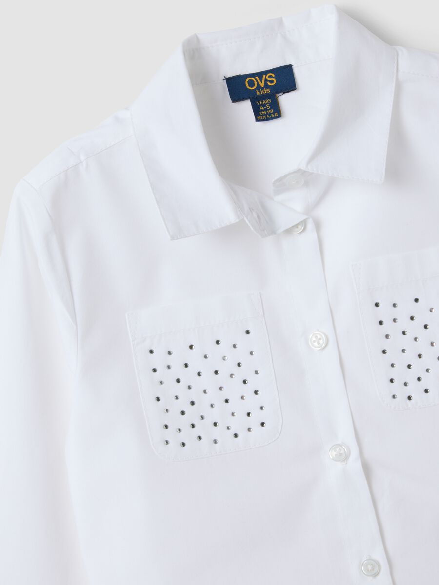 White pure cotton shirt with rhinestones, regular fit, for girls_2