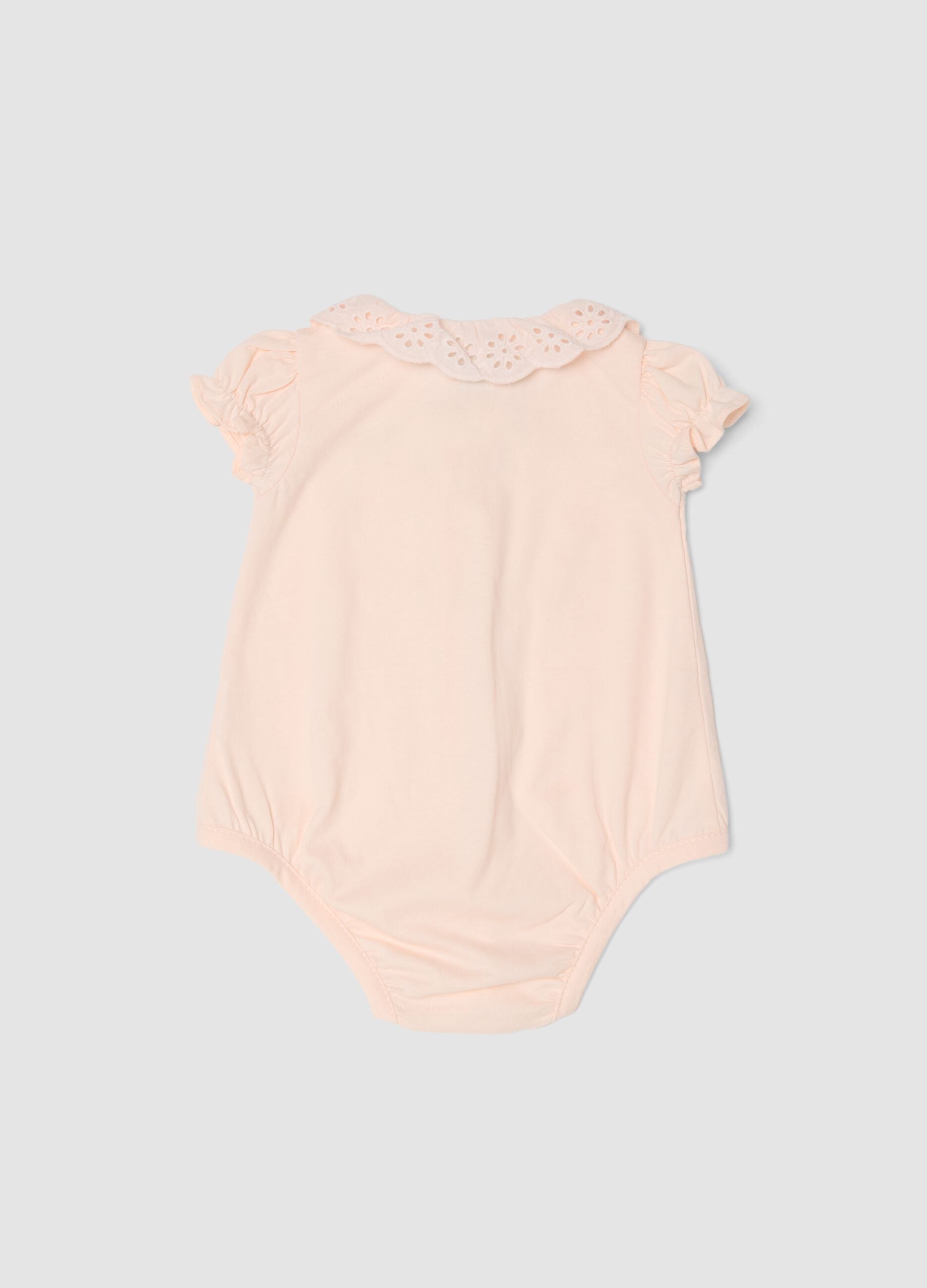 Pink pure-cotton baby girl bodysuit with collar and Minnie embroidery