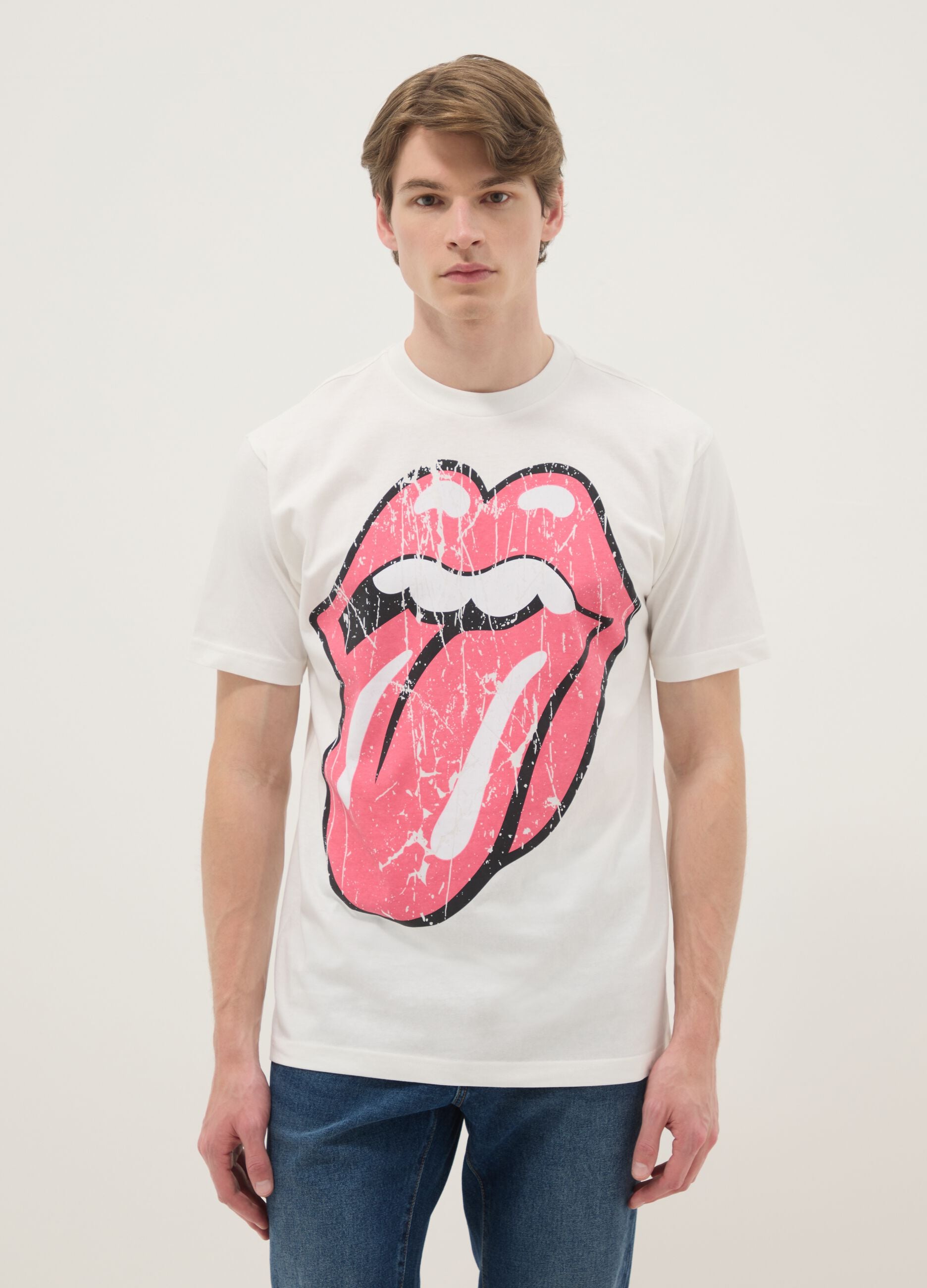 White pure cotton regular fit T-shirt with Rolling Stones print