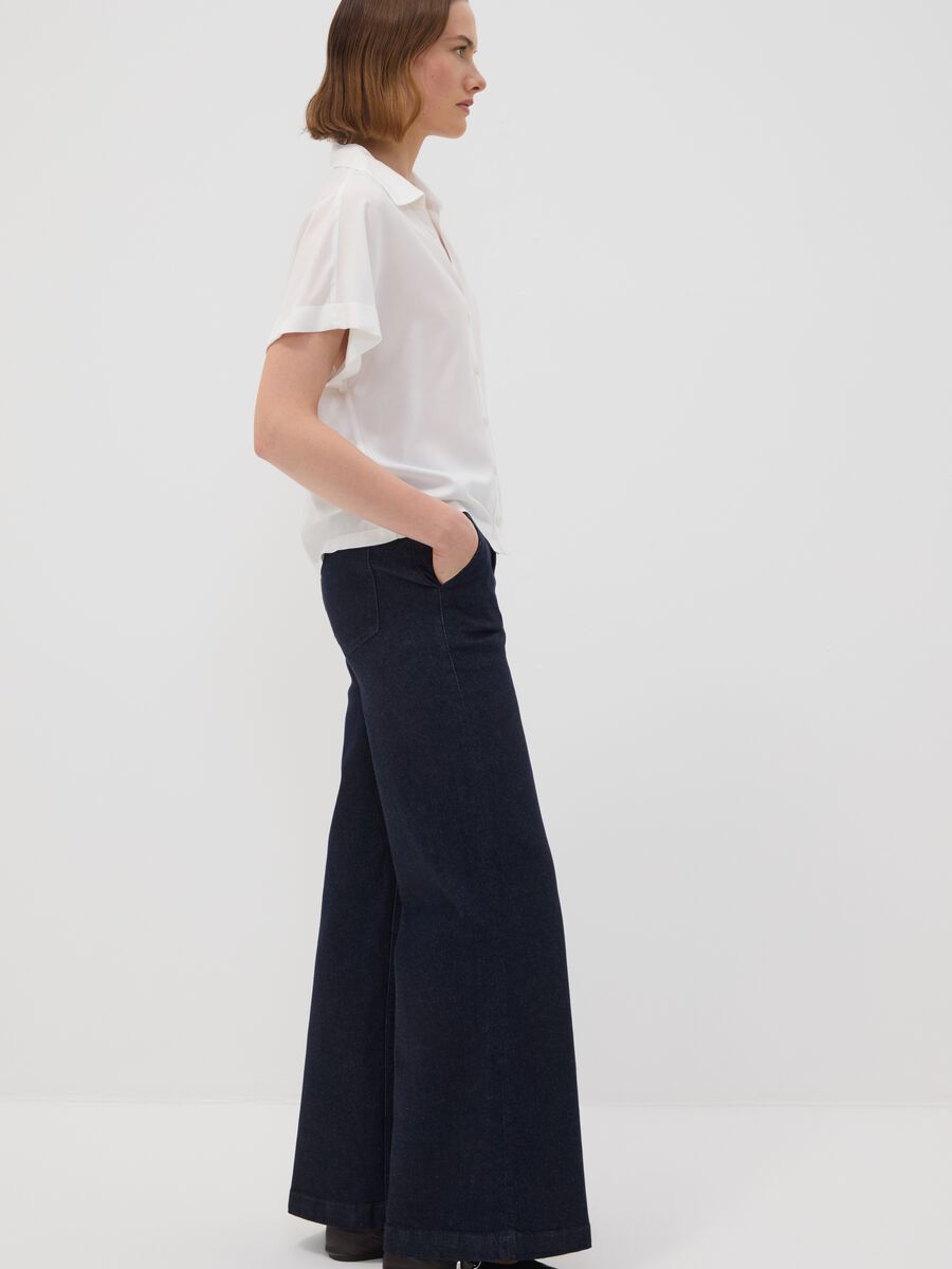 Dark blue high-waisted wide-leg stretch cotton jeans_0