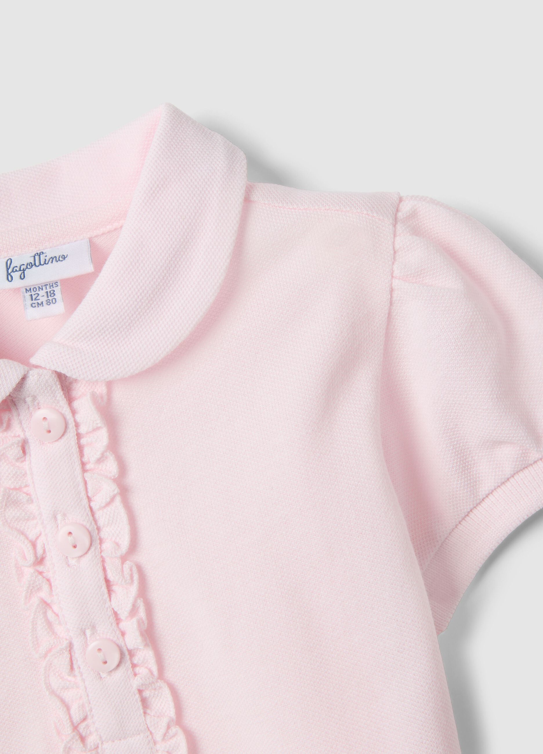 Girls' Pink Cotton Polo Shirt, Regular Fit with Frill Detail