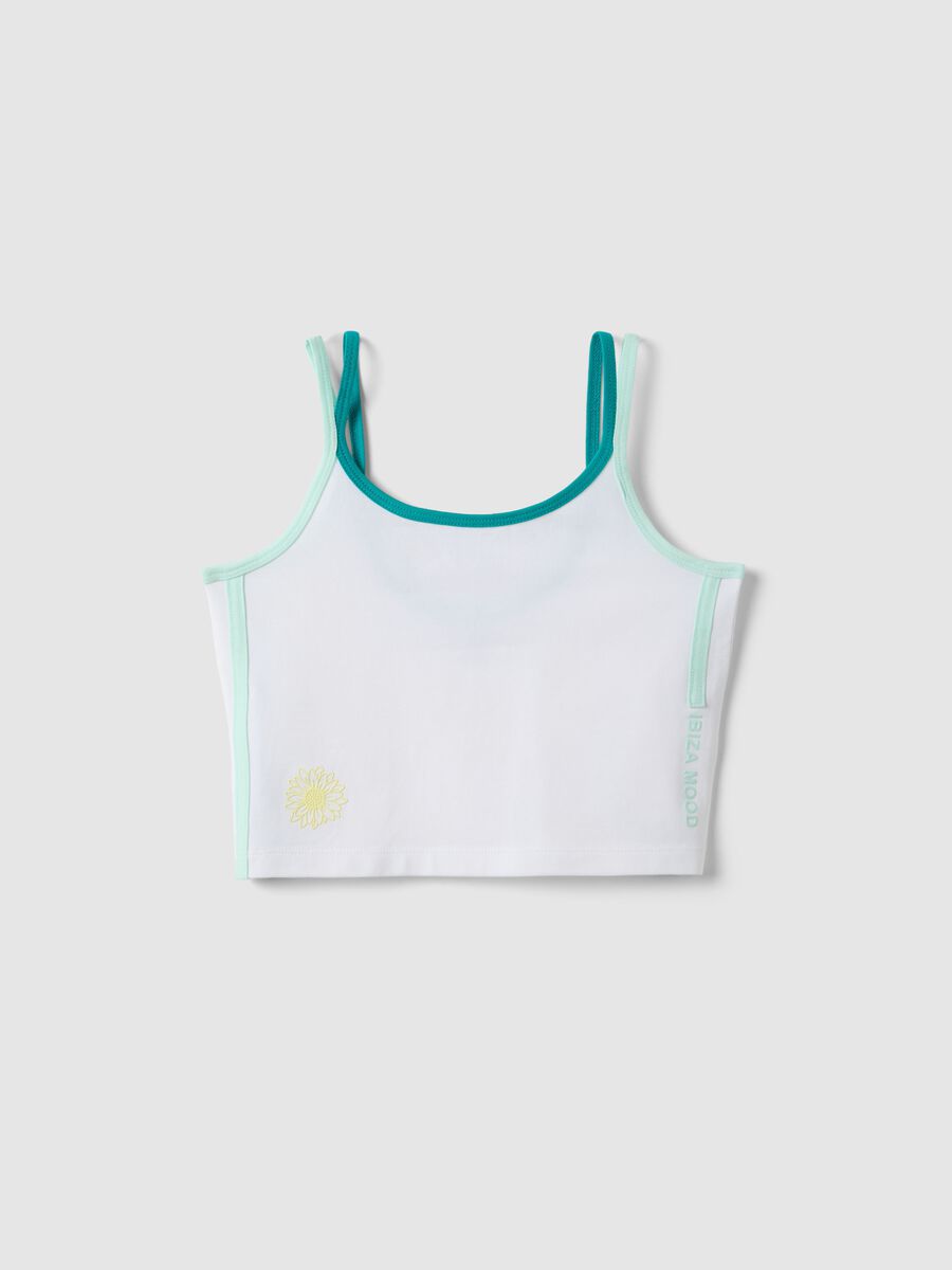 Tank top fitted in cotone elasticizzato bianco da ragazza con fiore_3