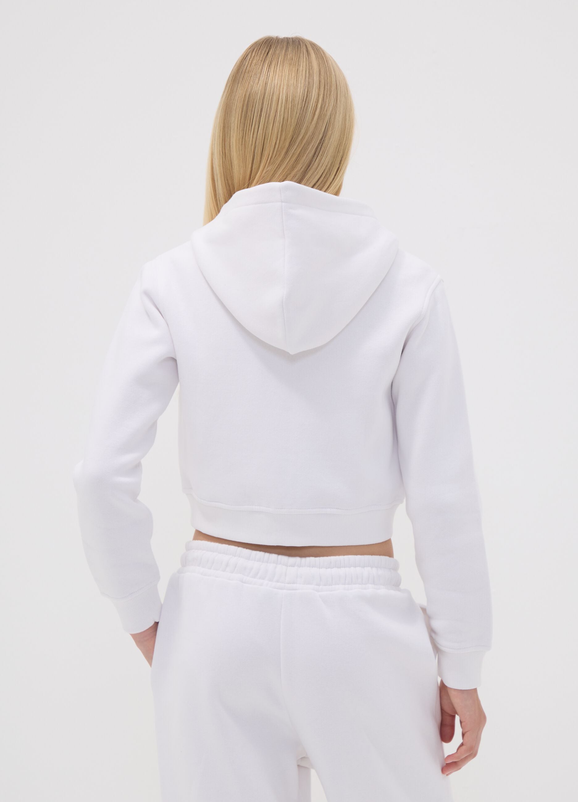 White hooded zip-up sweatshirt in cotton blend for girls, regular fit