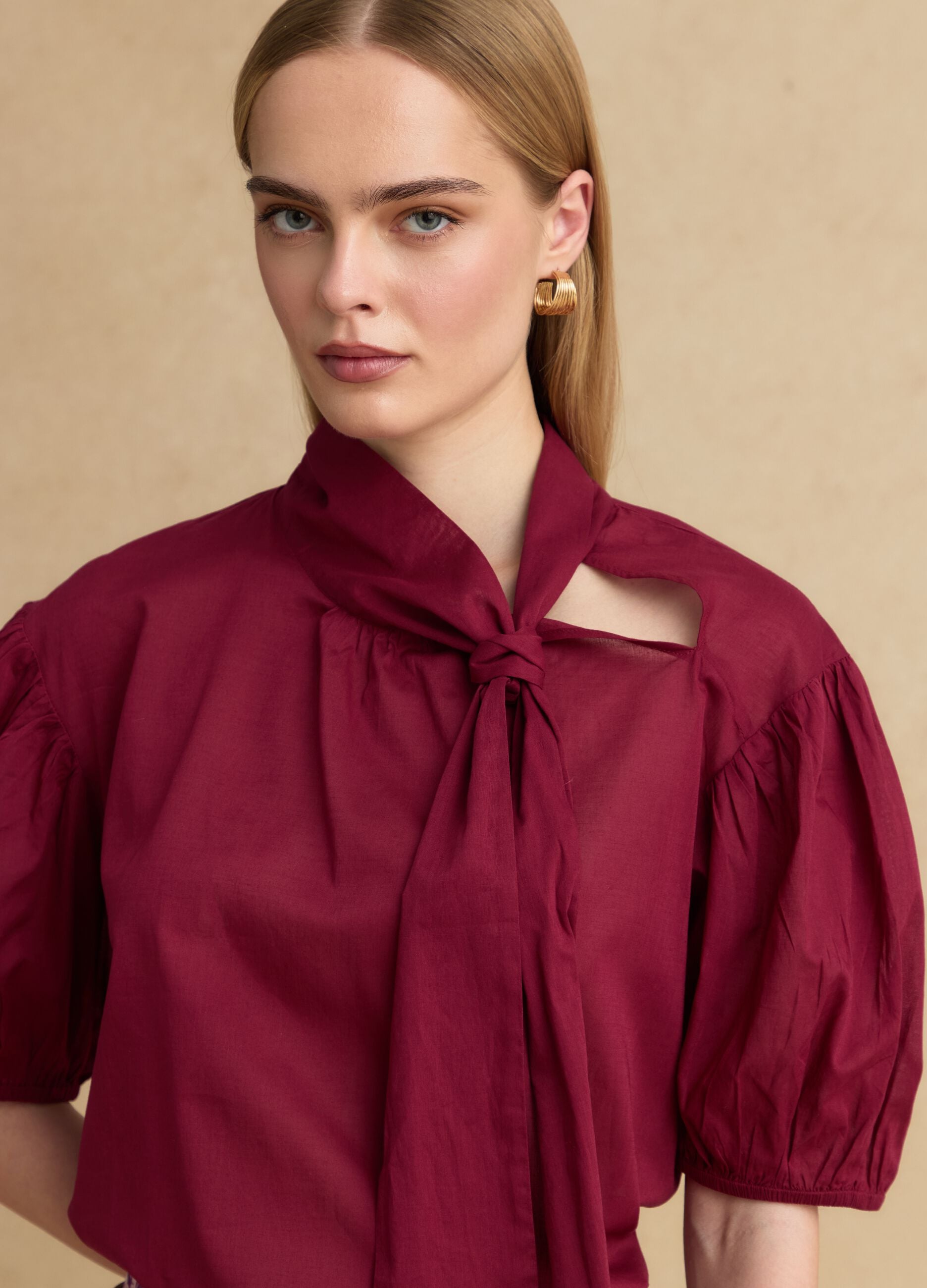 Red pure cotton regular-fit blouse with bow