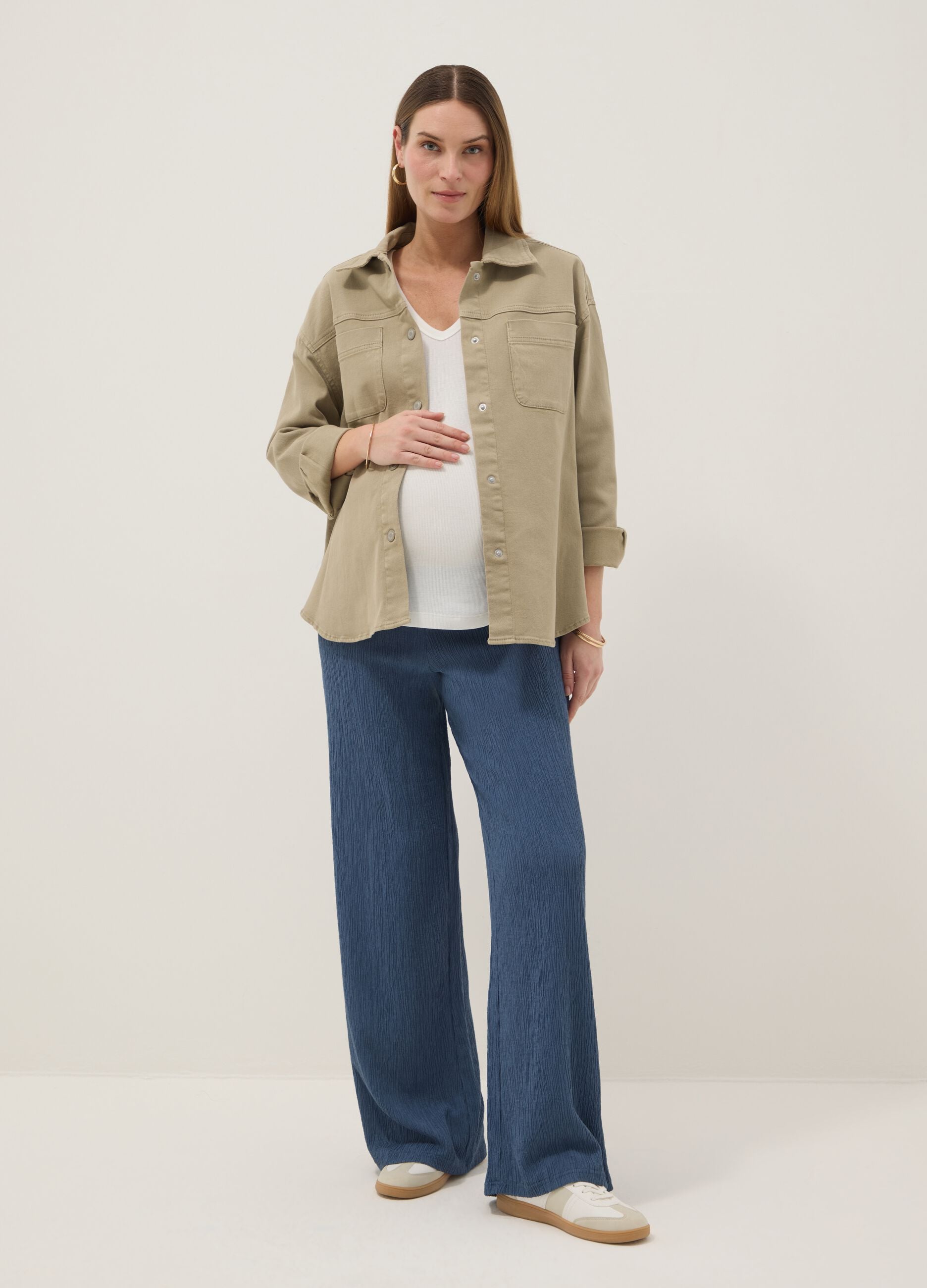Beige Oversized Fit Stretch Cotton Maternity Shirt