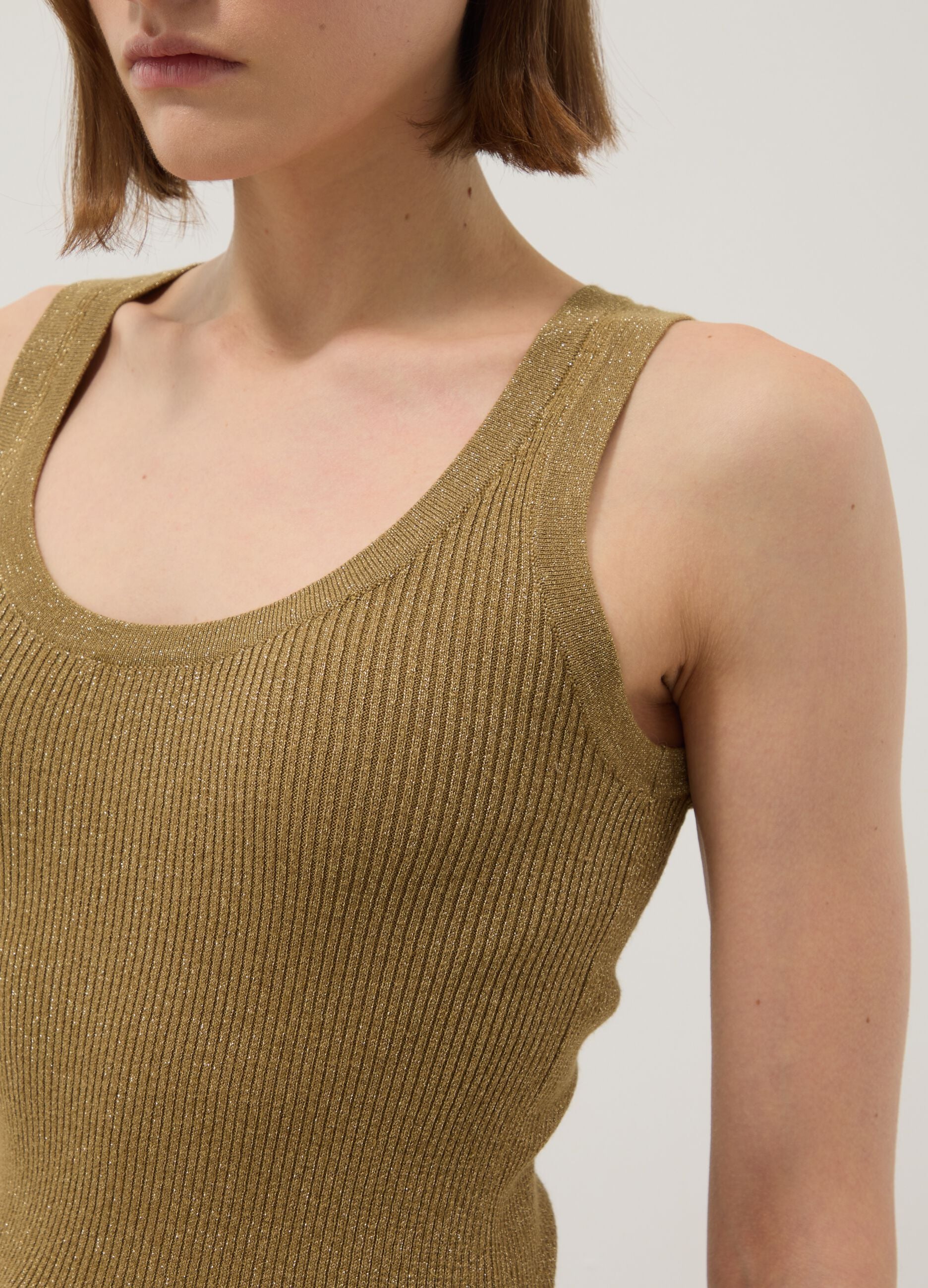 Brown viscose blend fitted tank top