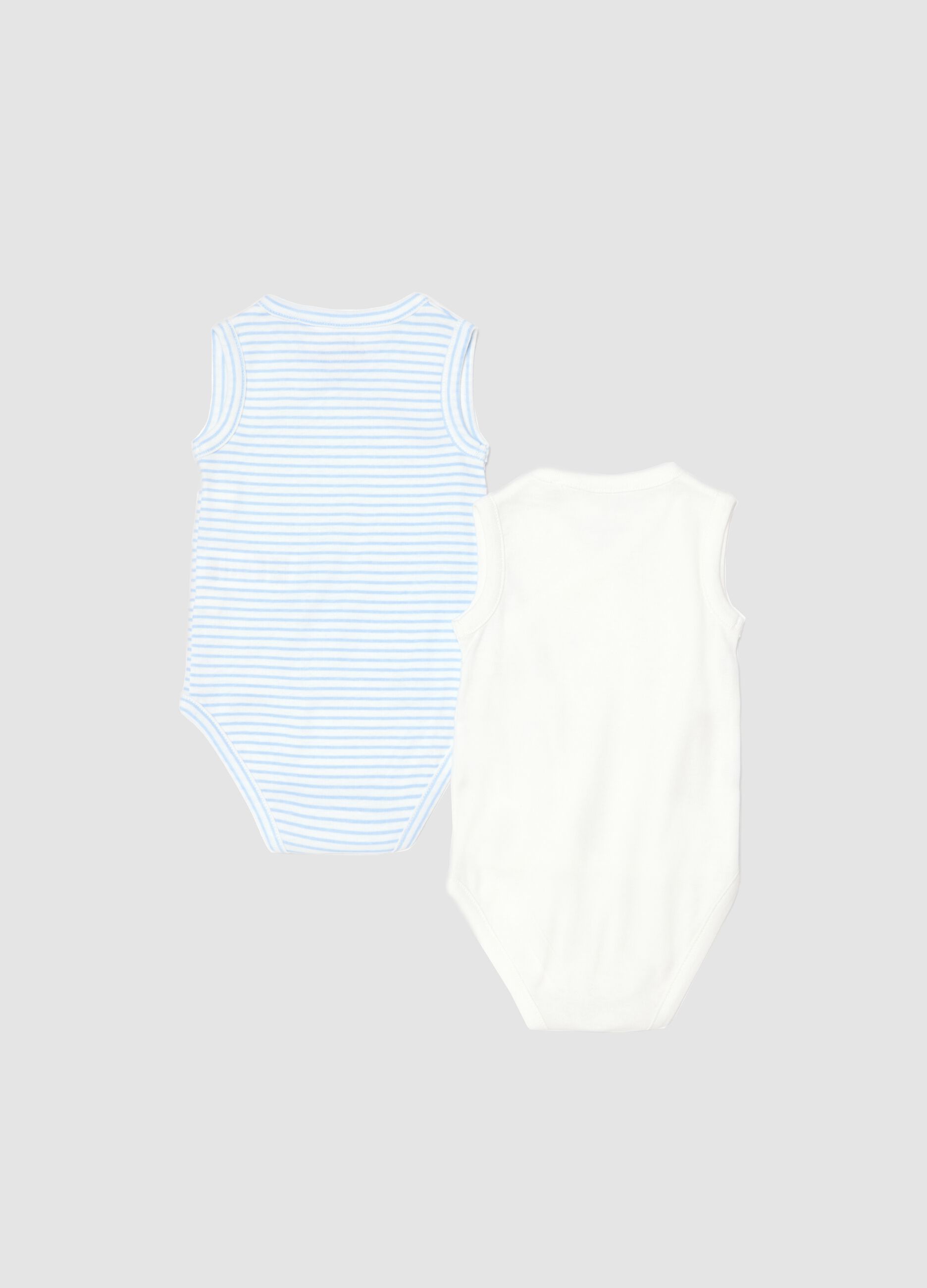 Sleeveless multicoloured pure cotton baby bodysuits twin pack