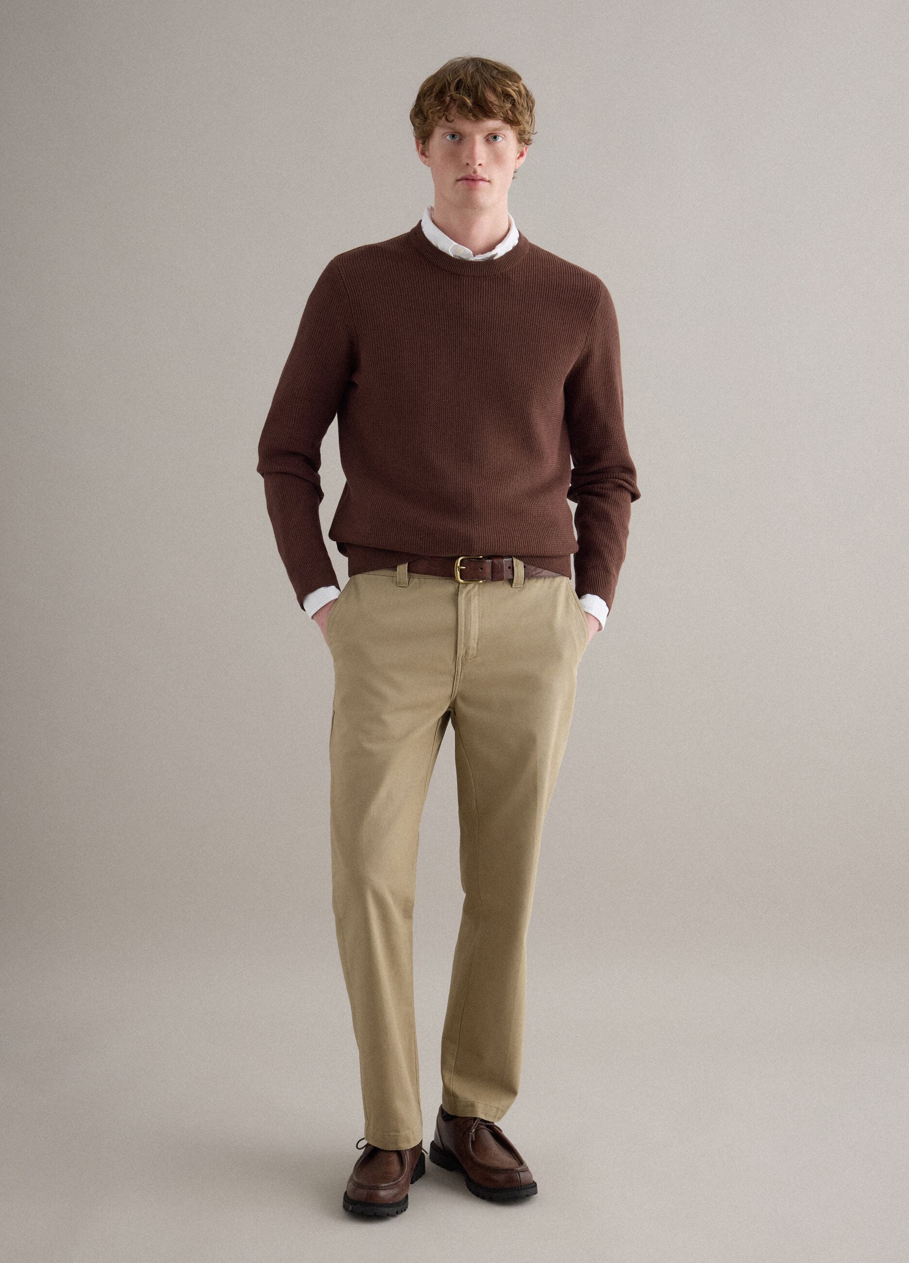 Brown pure cotton crew neck sweater regular fit