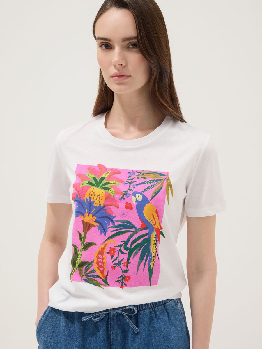 White pure cotton T-shirt with tropical print_2