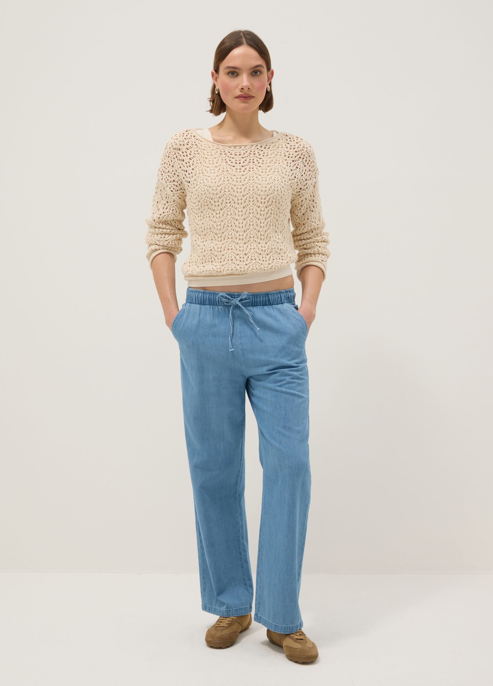Beige pure cotton jumper regular fit with perforated design