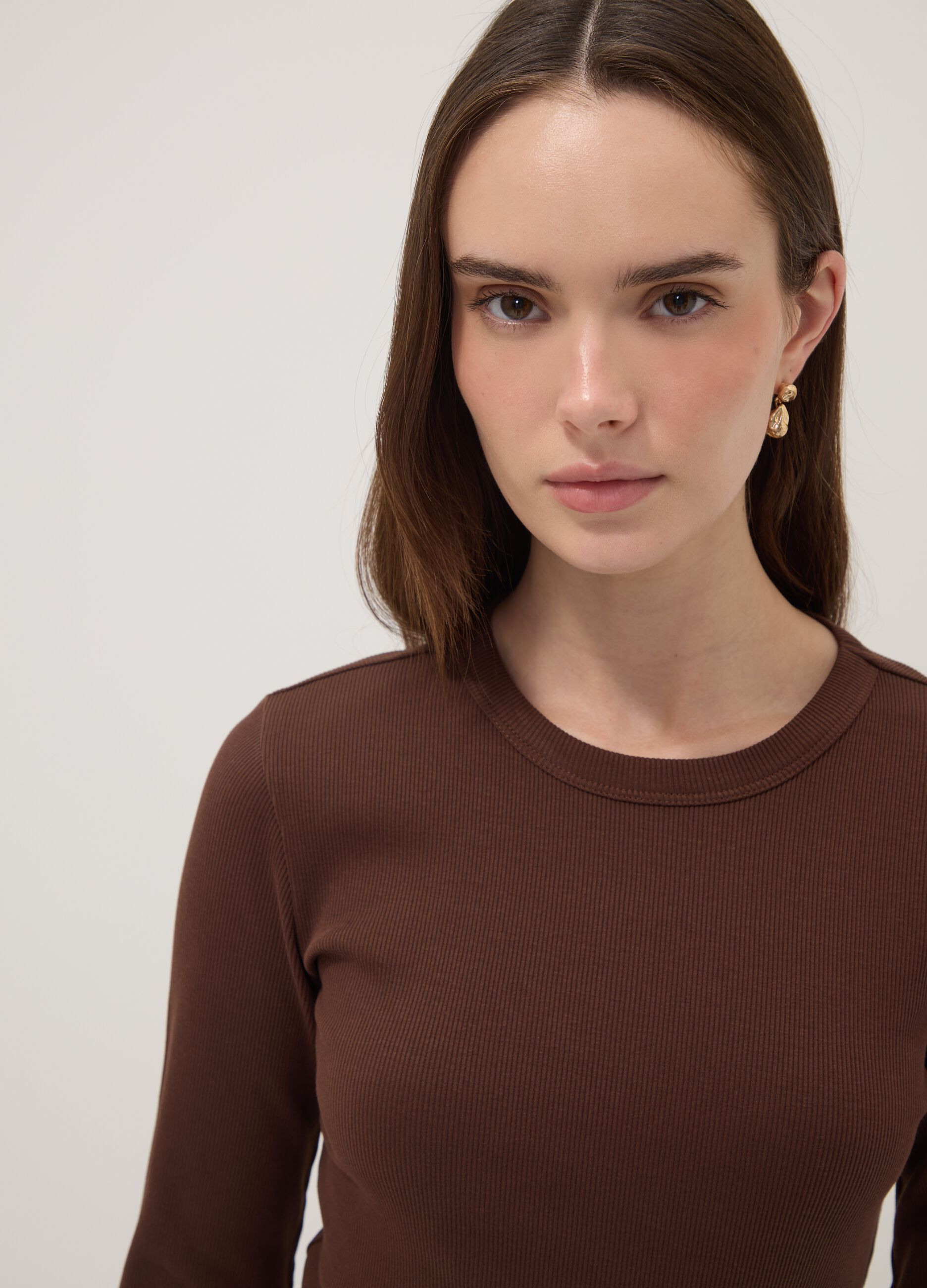 Brown long-sleeve pure cotton T-shirt