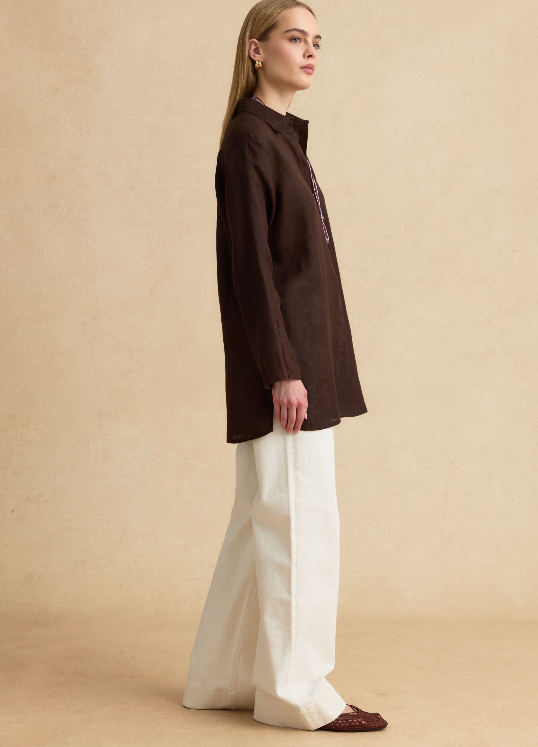 Oversized pure linen brown shirt