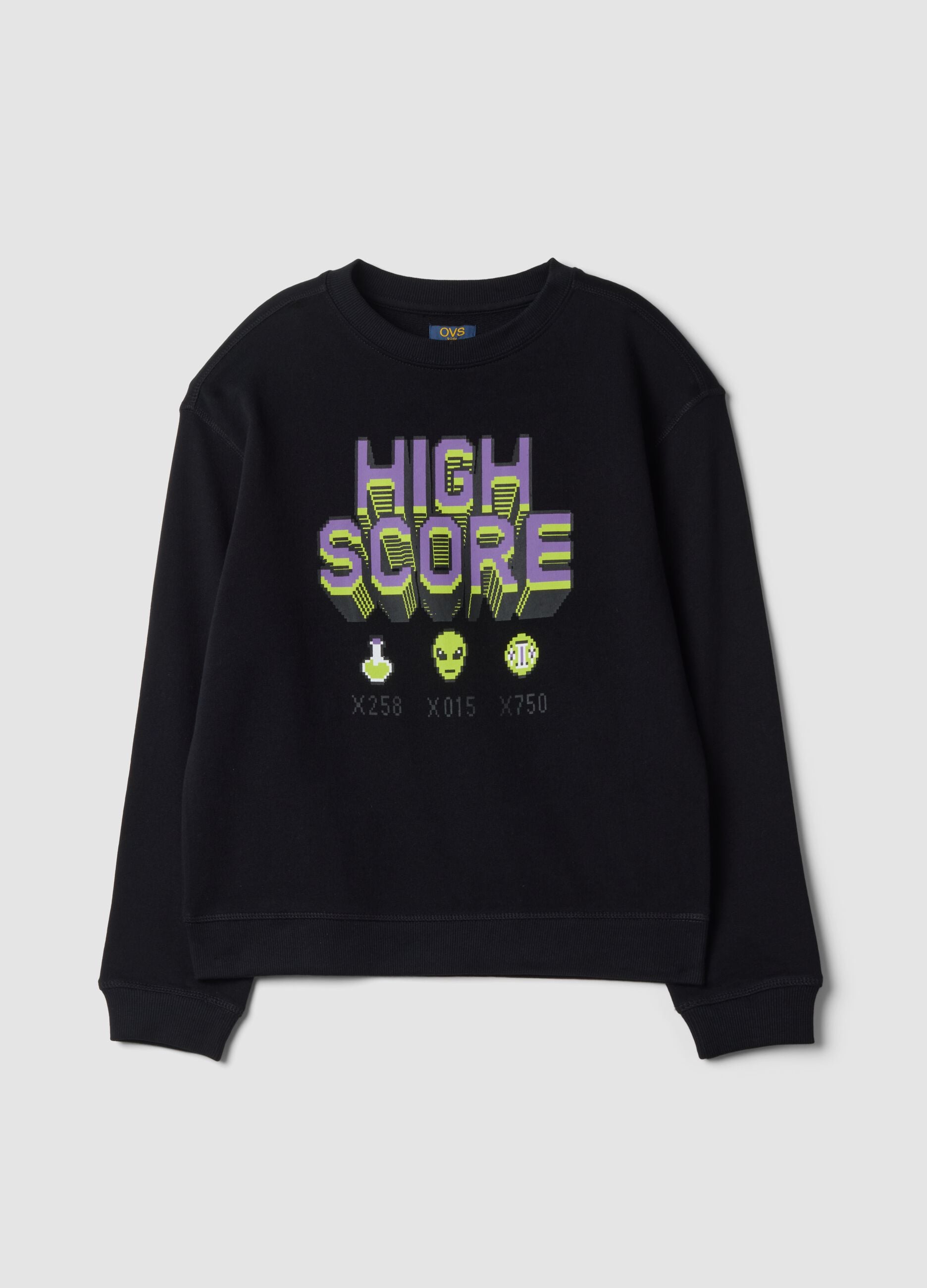 Black pure cotton sweatshirt with gaming print and crew neck