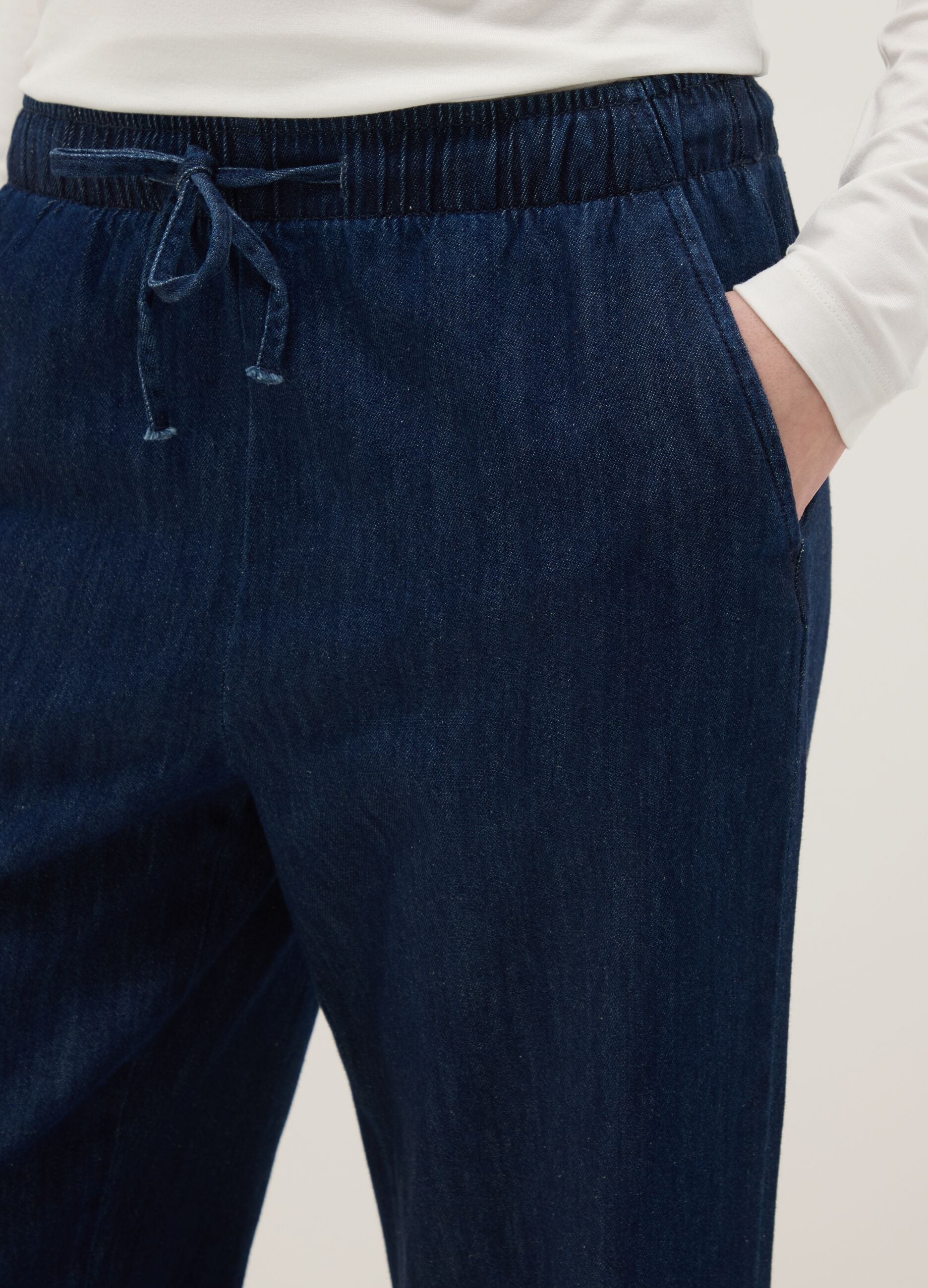 Wide-leg blue denim pure cotton trousers with elastic waist