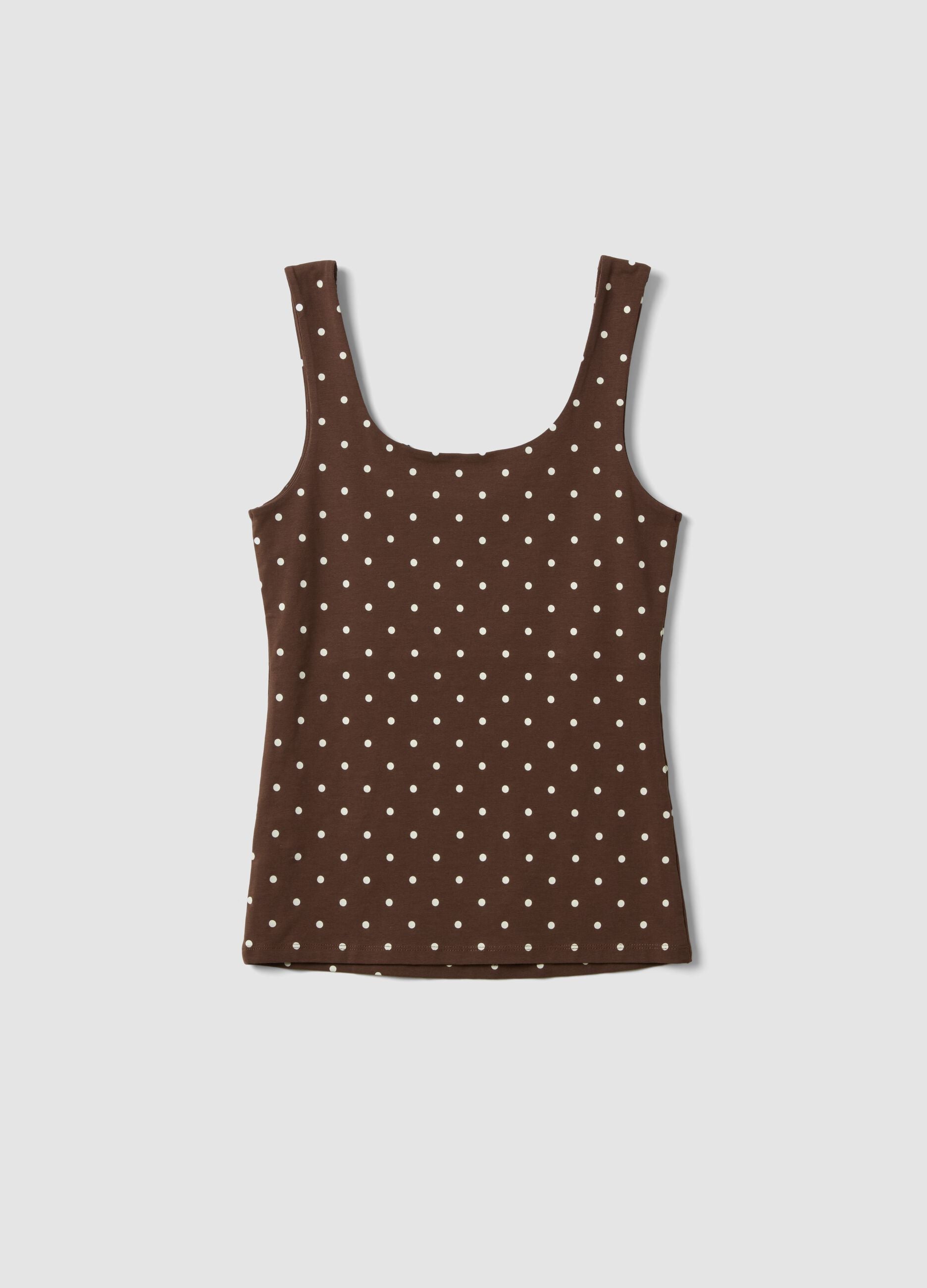 Brown fitted polka-dot stretch cotton top