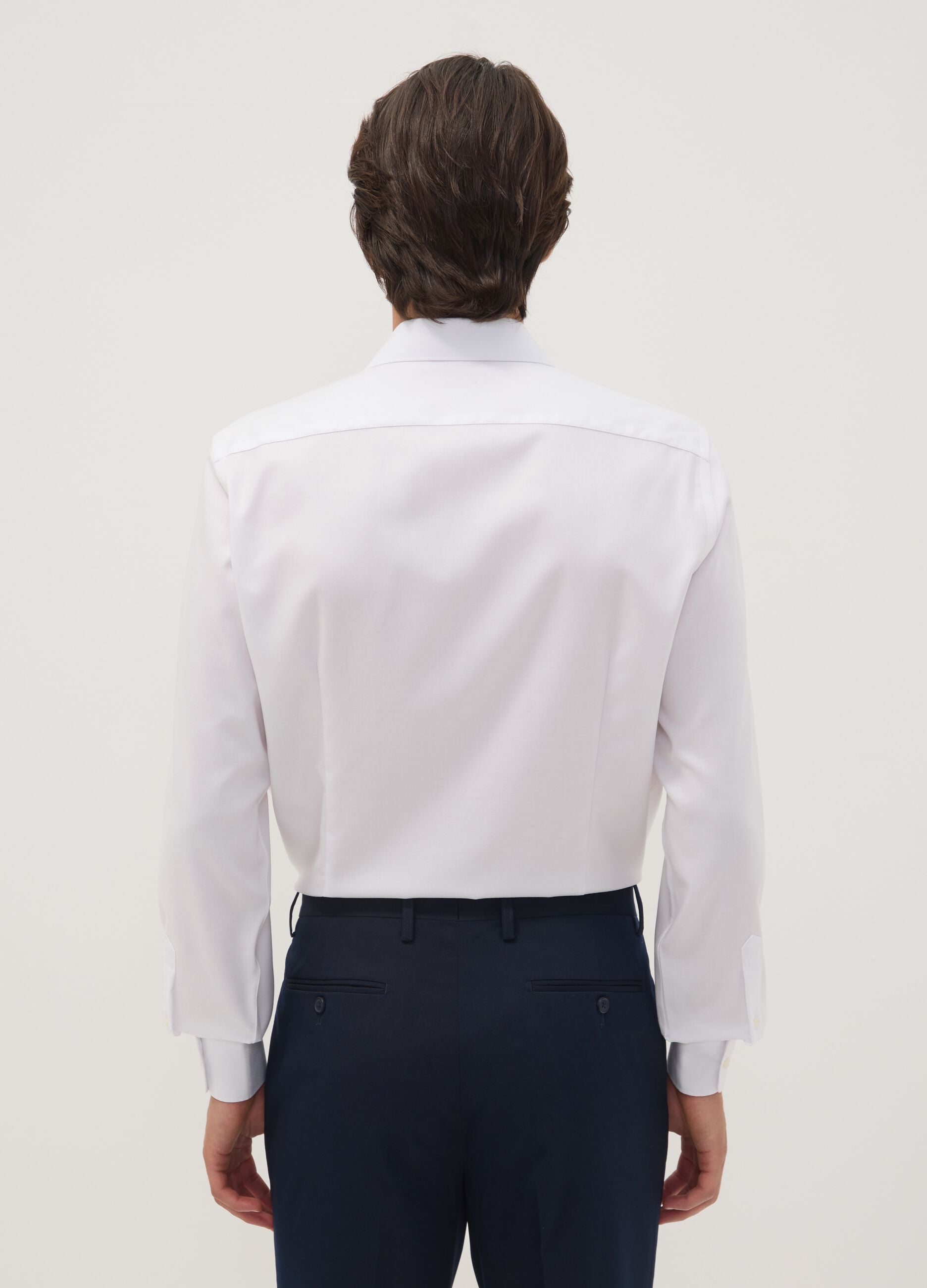 White slim-fit pure cotton twill shirt with French collar, non-iron