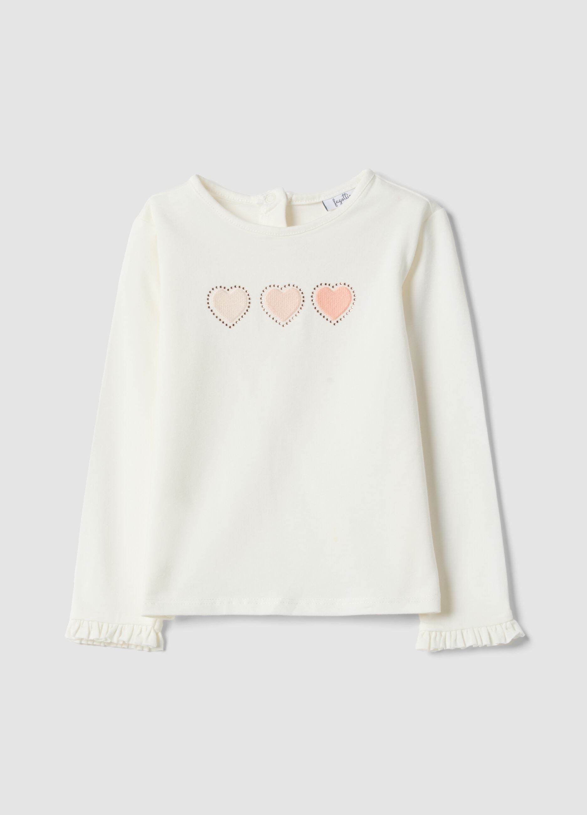 White Stretch Cotton T-Shirt for Girls Regular Fit with Hearts